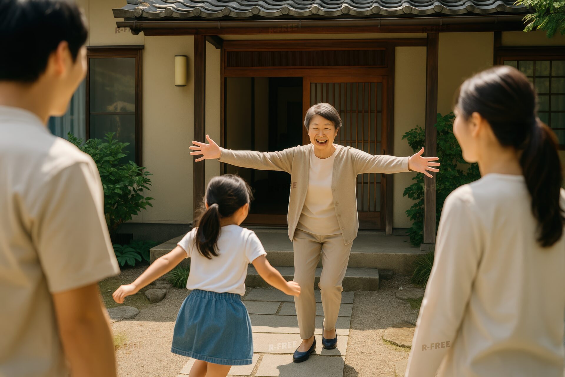 両手を広げて孫を迎える笑顔の祖母と家族