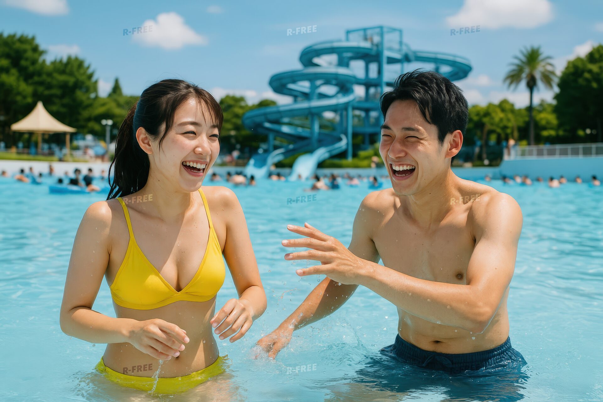 プールで笑い合うカップル