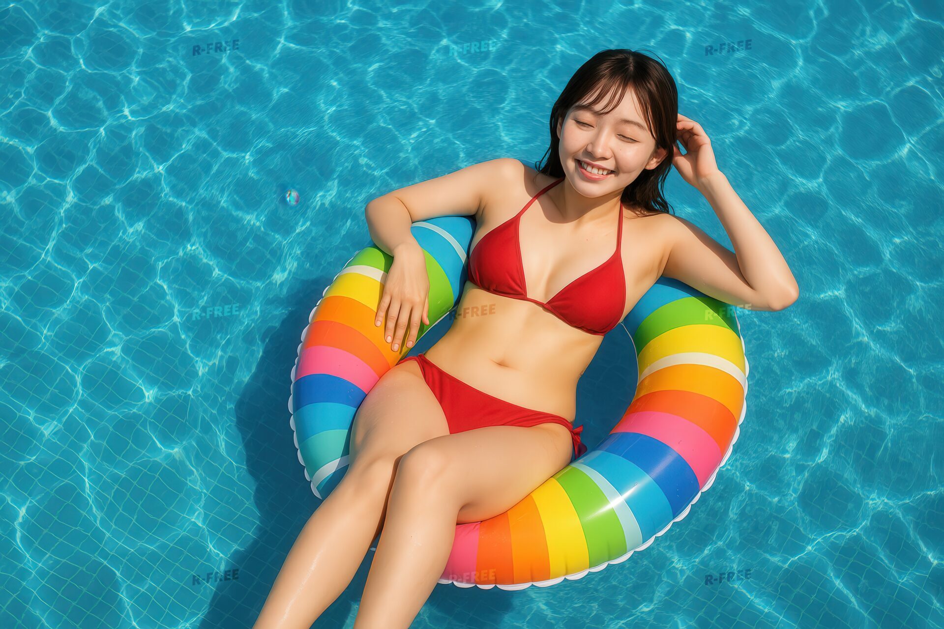 プールに浮かぶ浮き輪でくつろぐ笑顔の女性