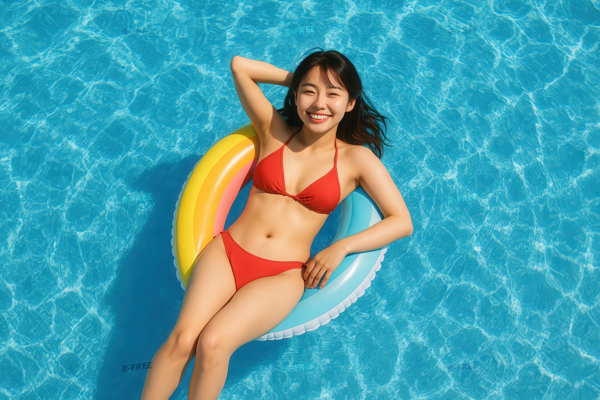 浮き輪でリラックスする水着姿の若い女性