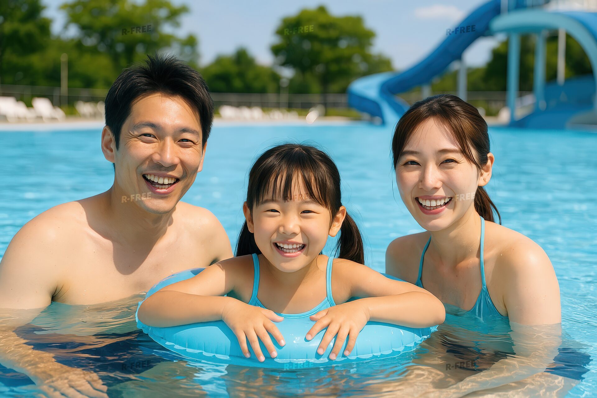 屋外プールで笑顔の家族