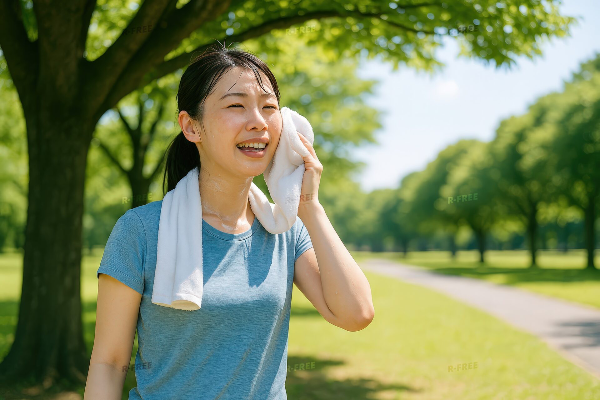 運動後に汗を拭く若い女性