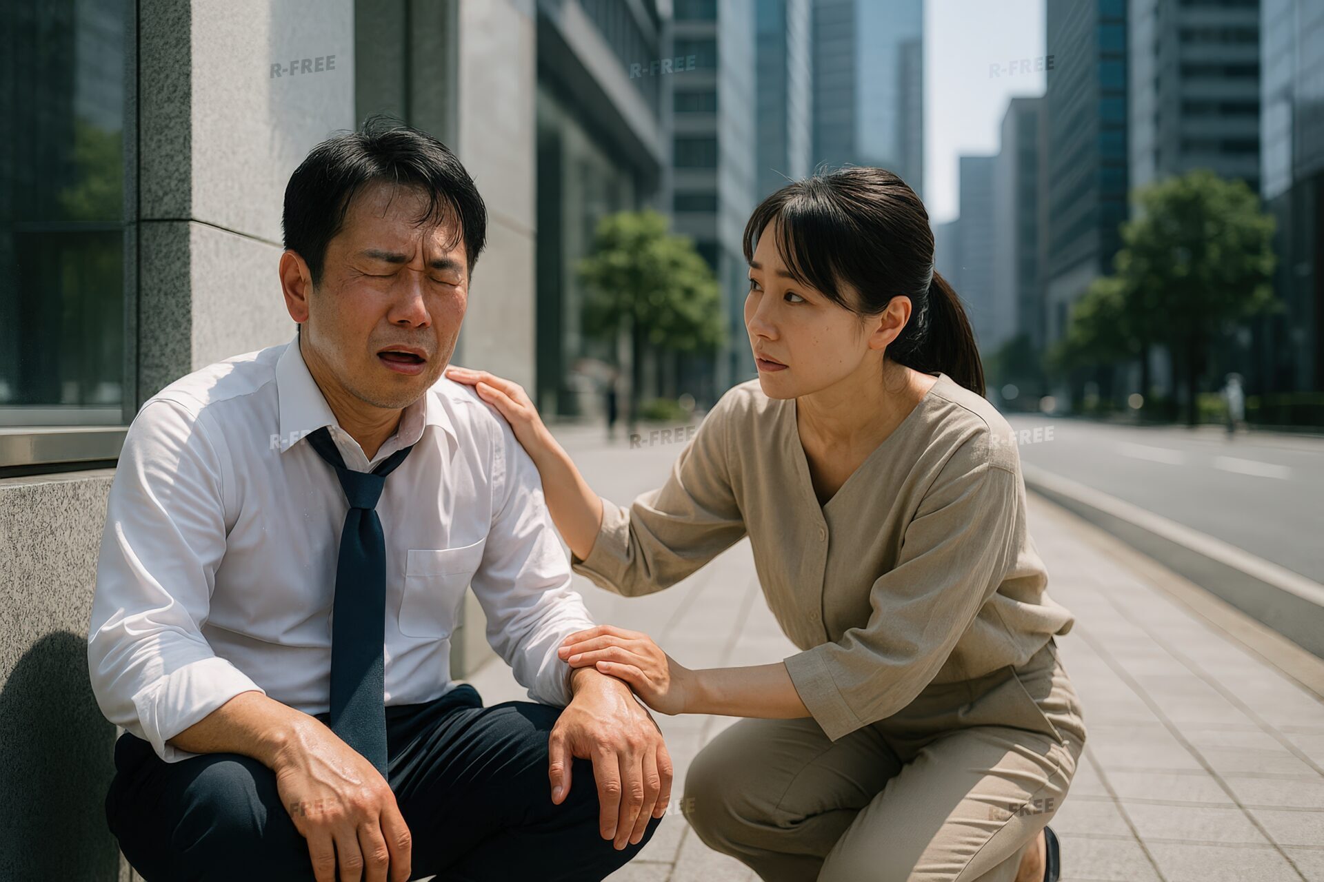 夏の街中で体調を崩した男性を介抱する女性