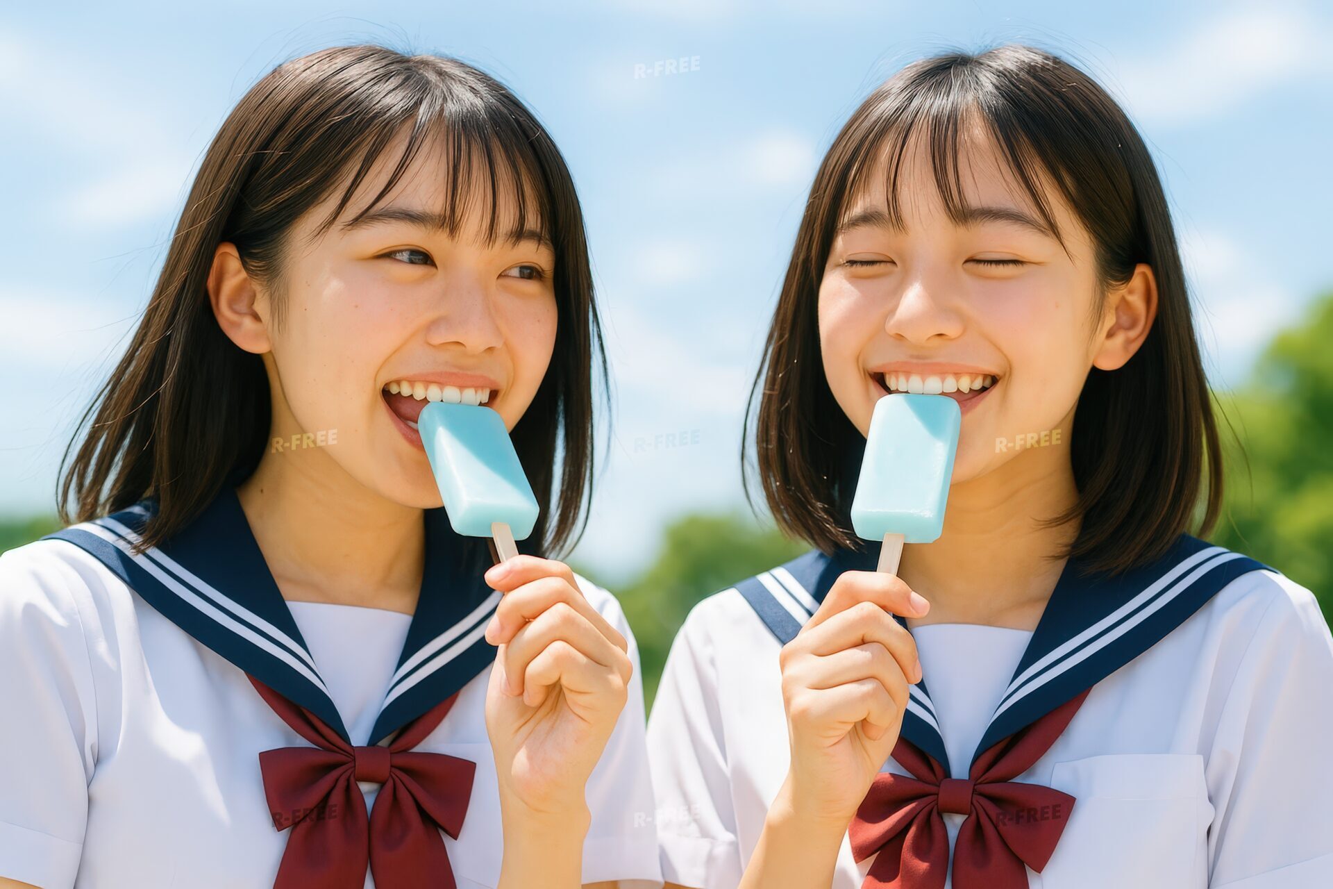 制服姿でアイスを食べて笑い合う女子学生2人
