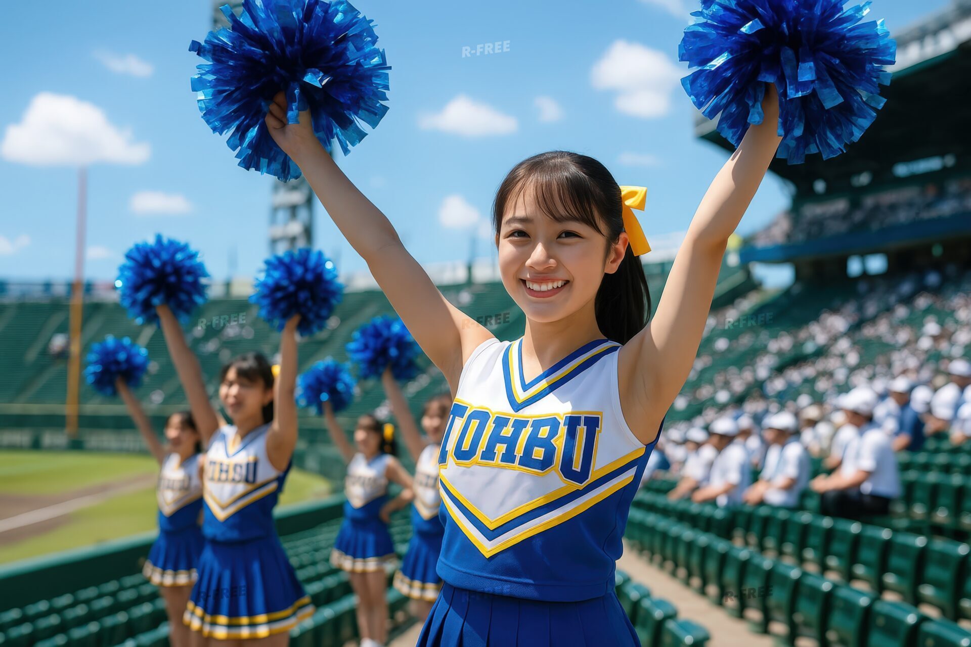 スタンドで笑顔でポンポンを掲げる女子チアリーダー