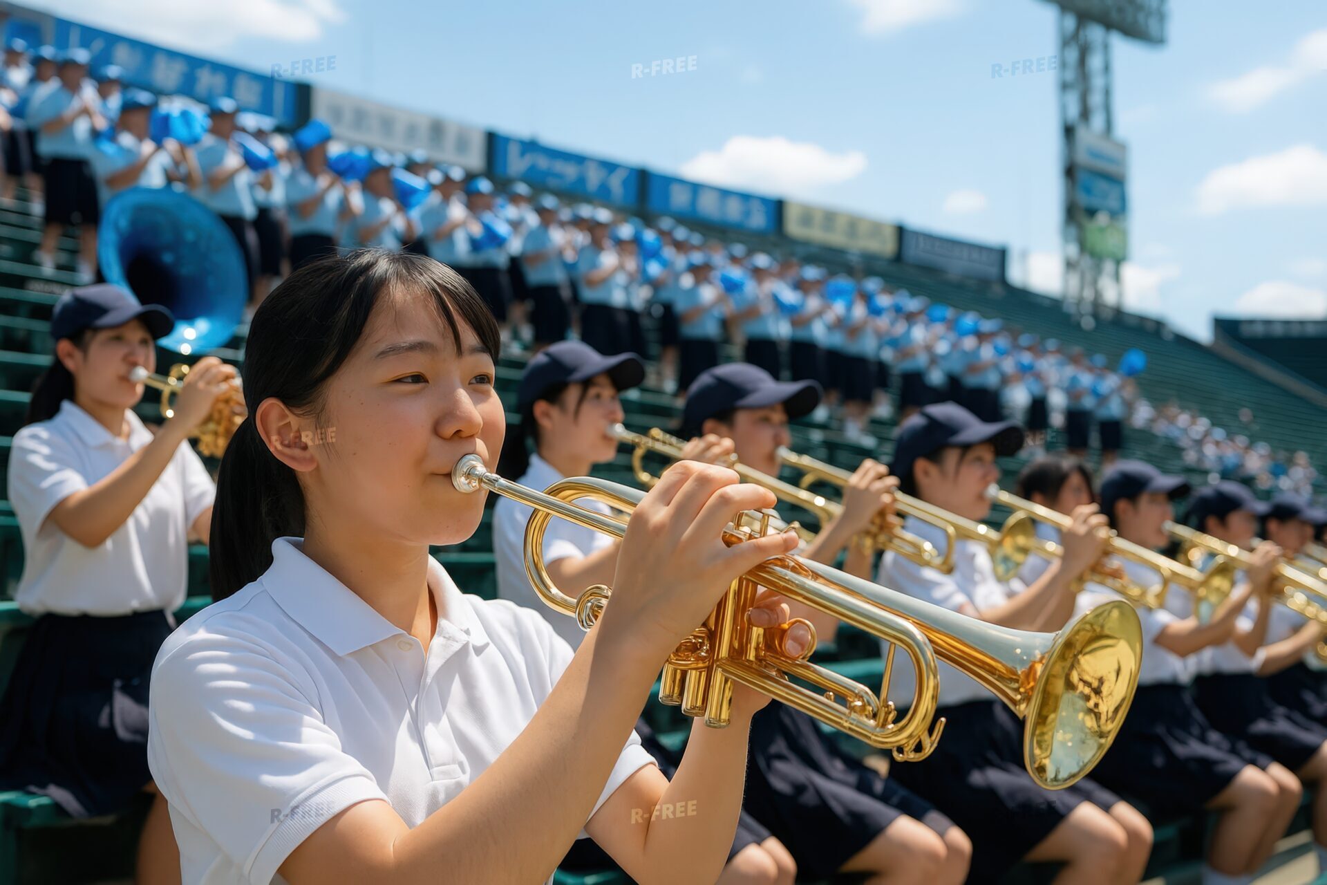 スタンドでトランペットを演奏する女子高校生たち