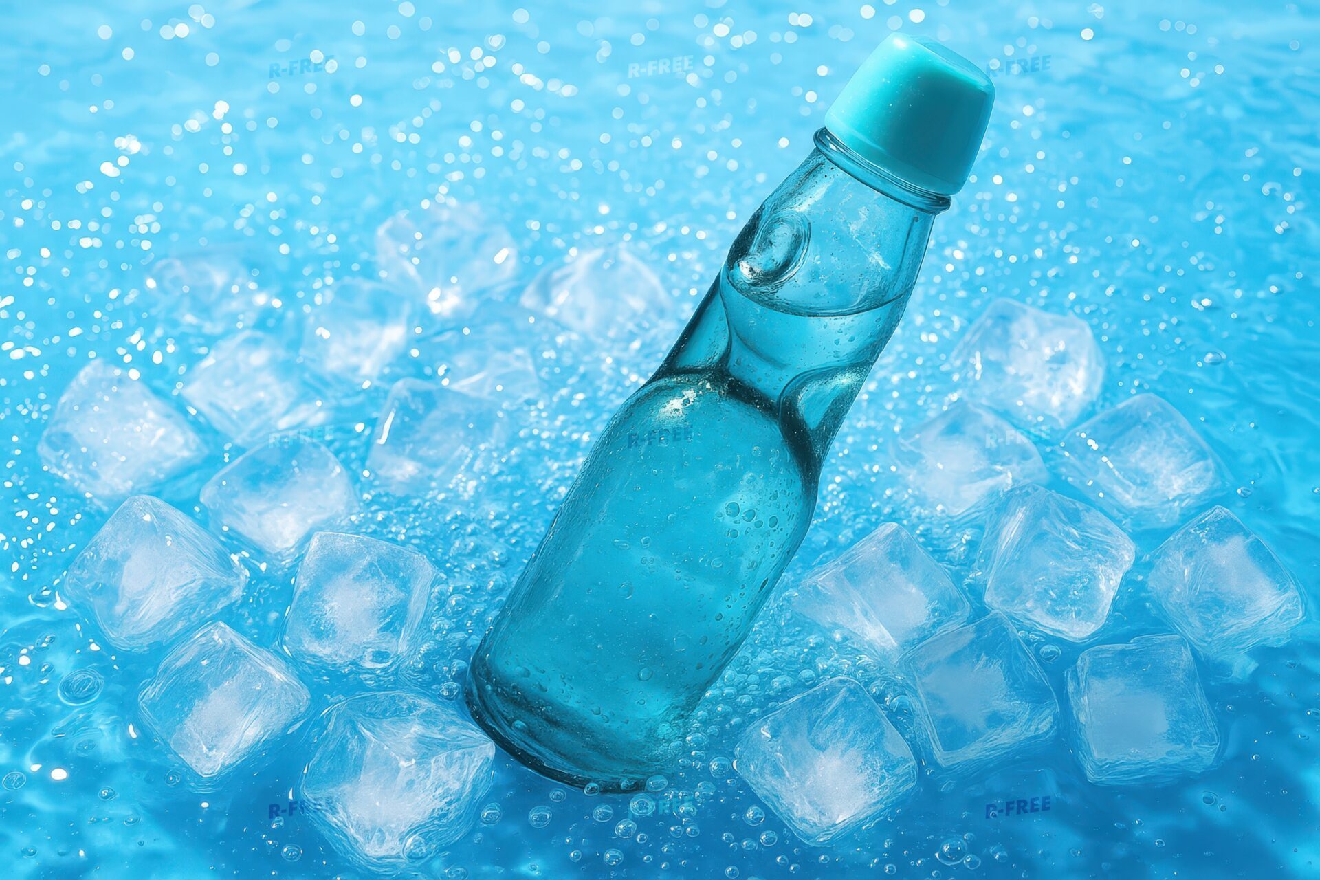 氷の中に立てられた冷たいラムネ瓶