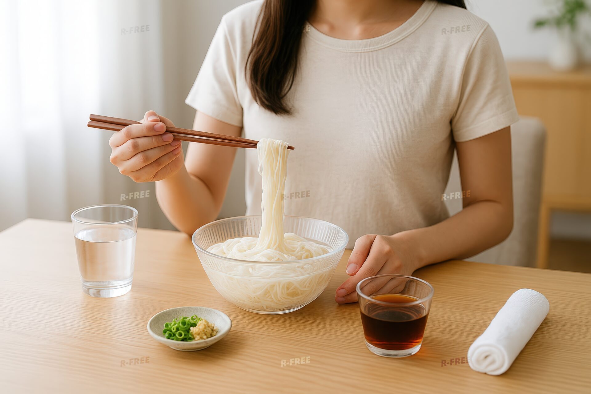そうめんを箸で持ち上げる若い女性