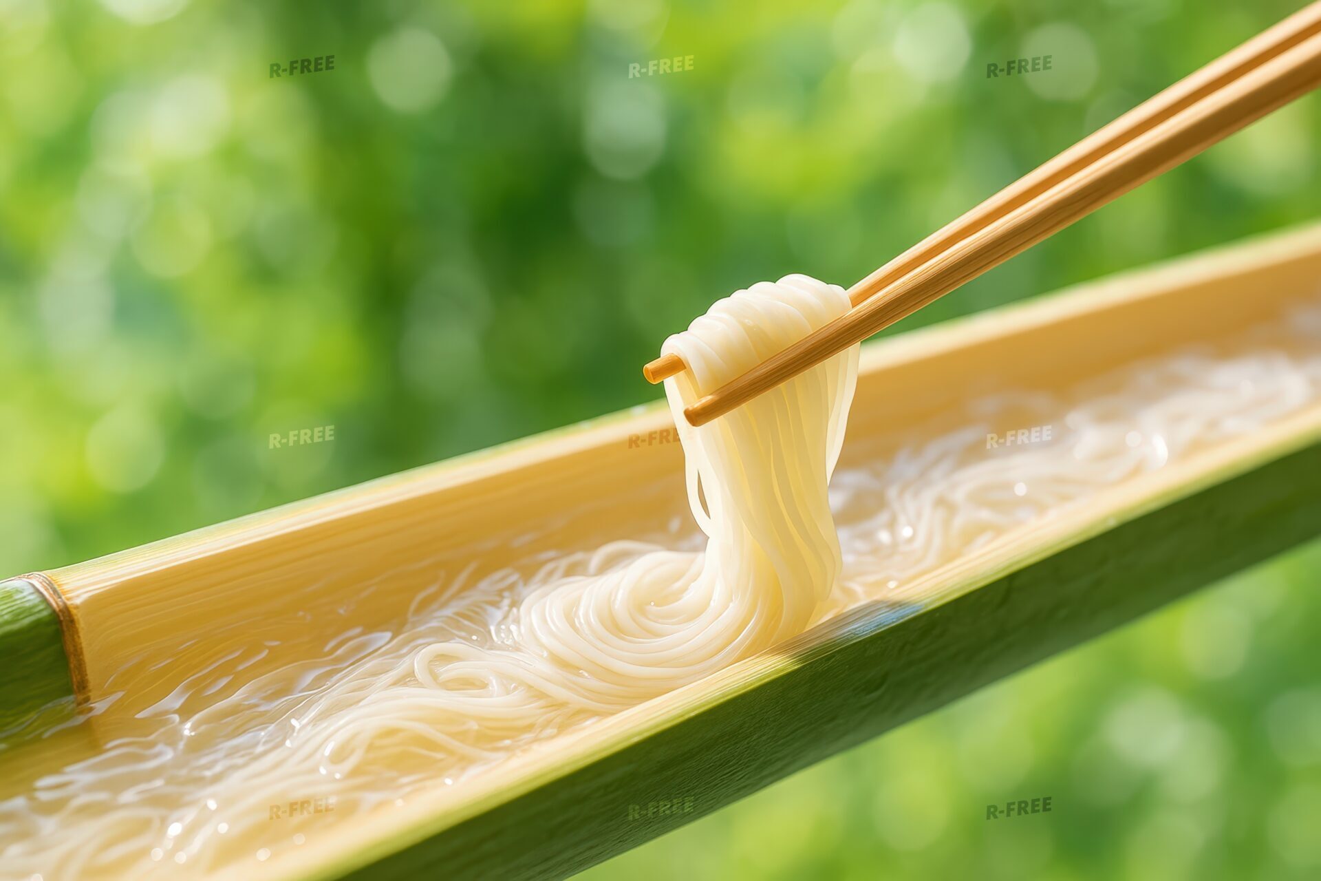 青空の下で流しそうめんを取る手元のアップ
