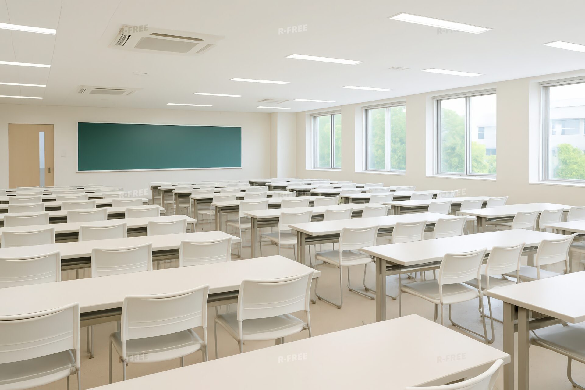白い椅子が並ぶ現代的な教室の内観