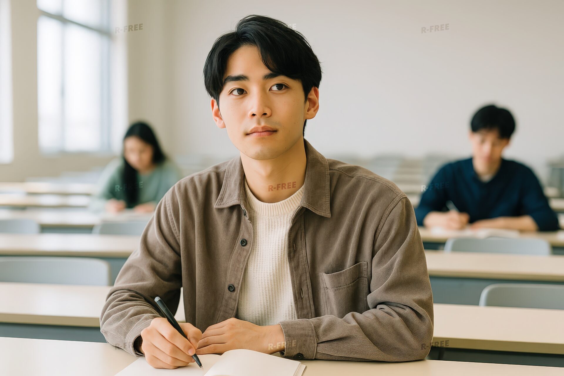 講義を聞きながら考える表情の男子学生