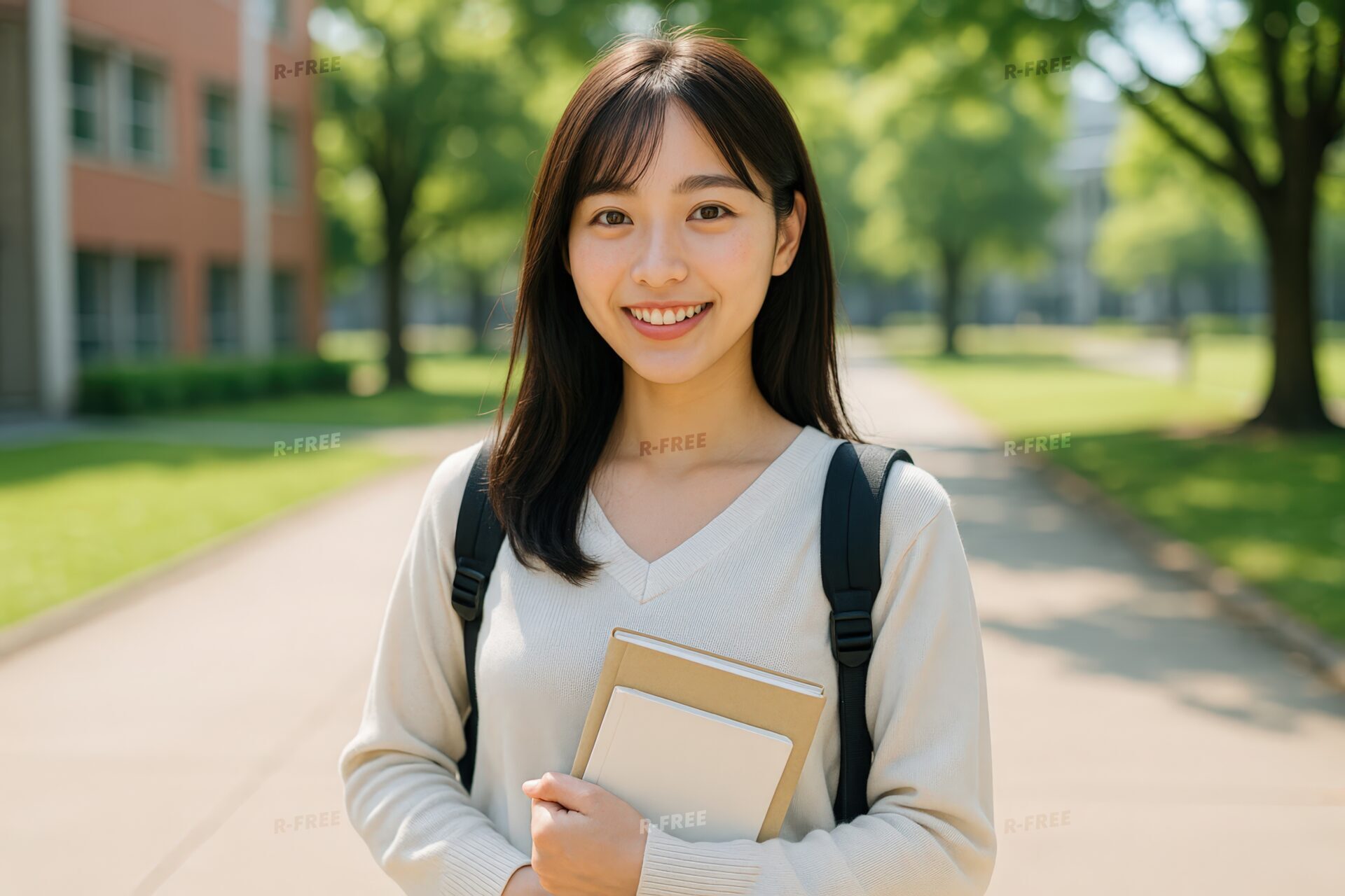 キャンパスで笑顔を見せる女子大学生のポートレート