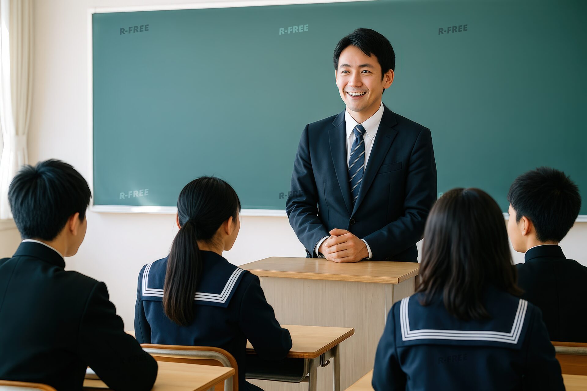 授業中に教壇に立つ男性教師と生徒たち