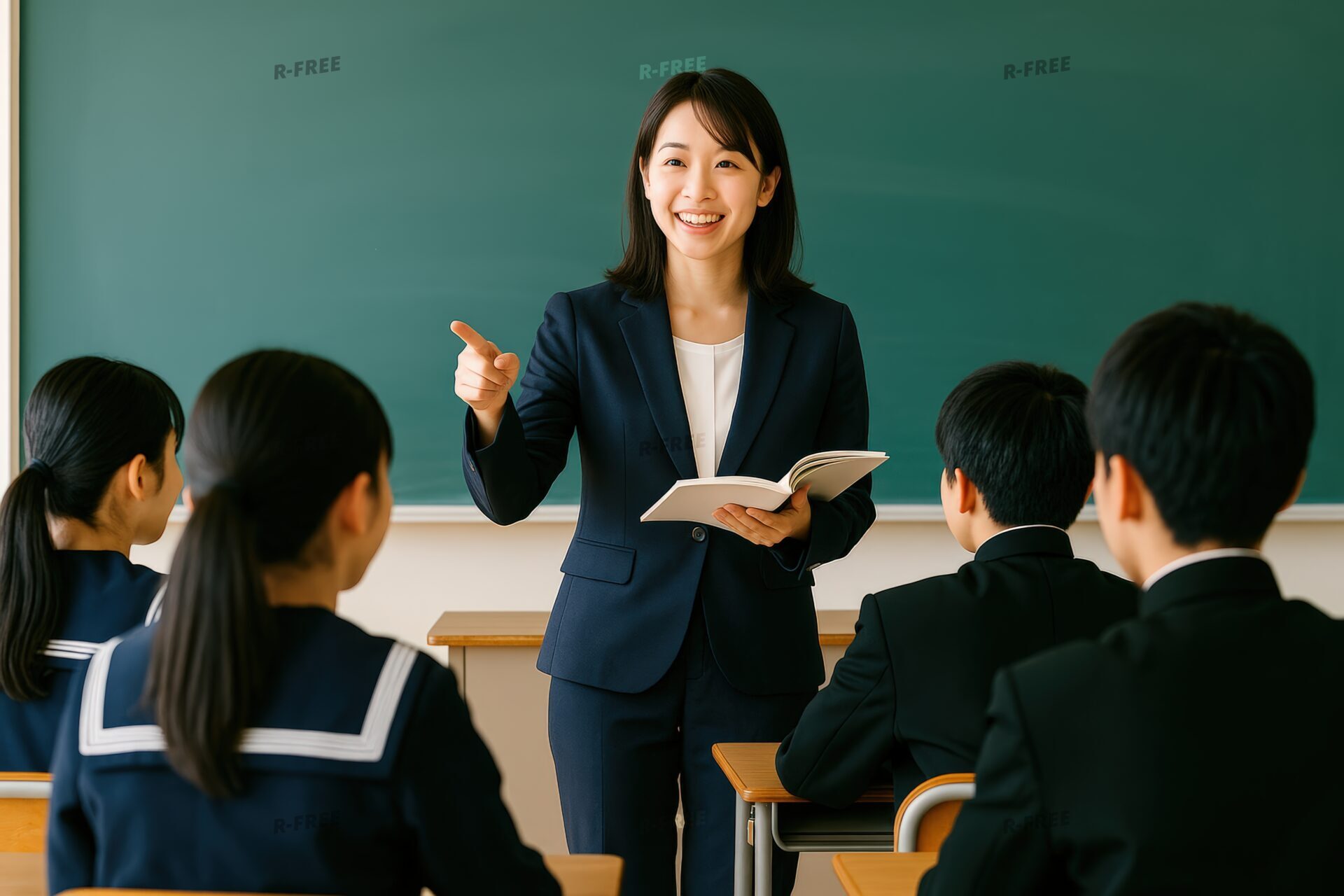 授業中に指をさして説明する女性教師と生徒たち
