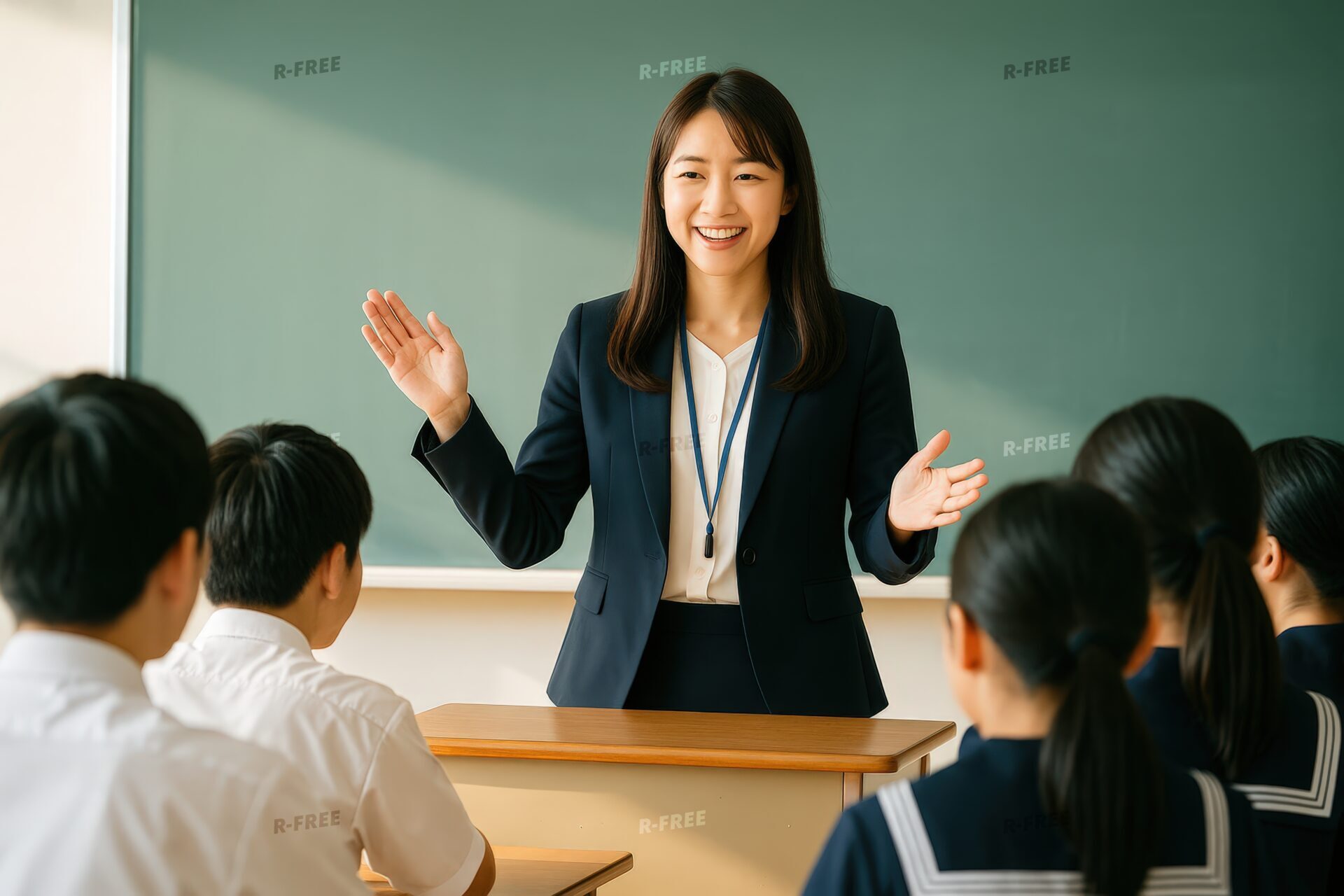 教壇で両手を広げて話す女性教師と生徒たち