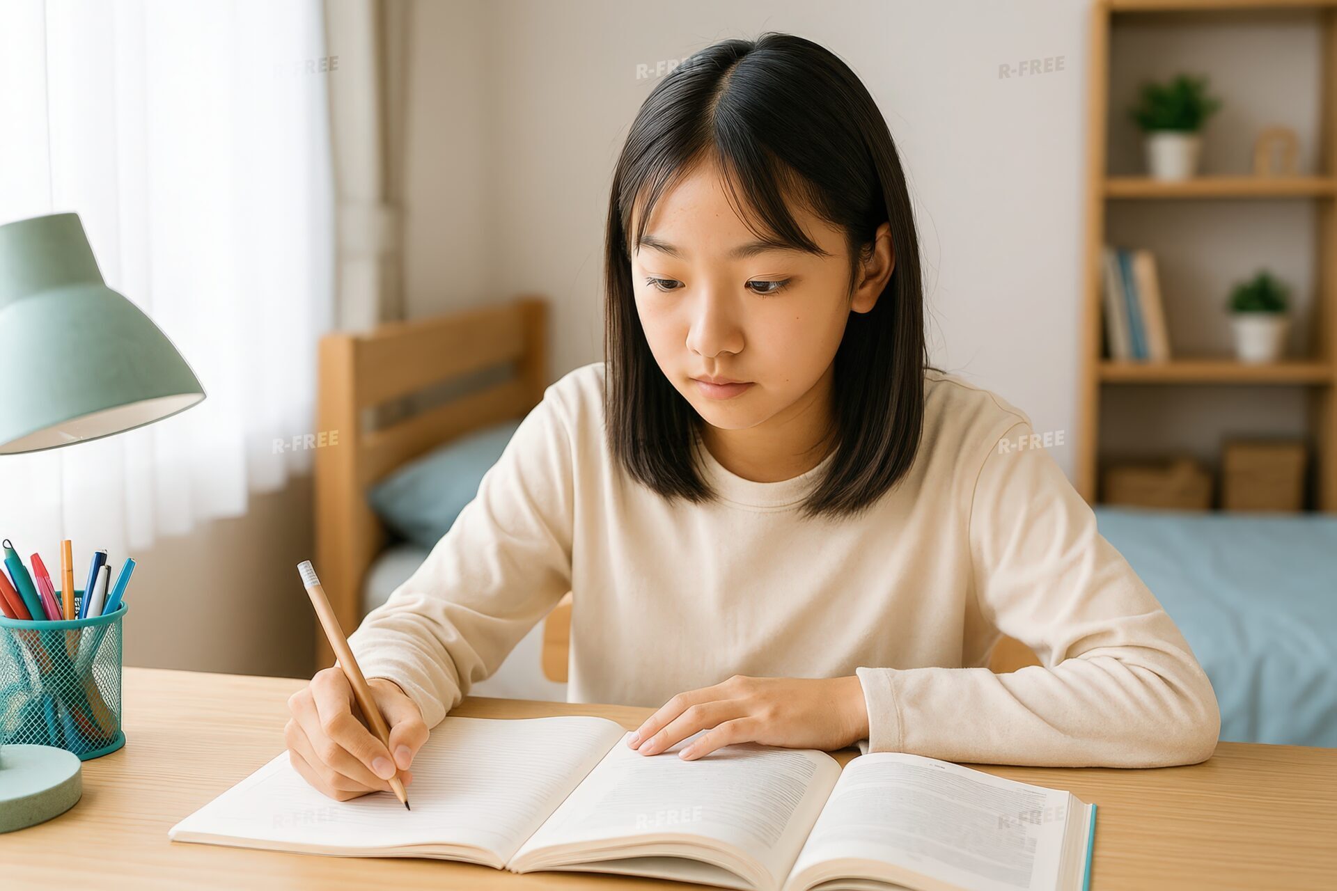 白いシャツ姿の女子学生がノートに鉛筆で勉強する姿