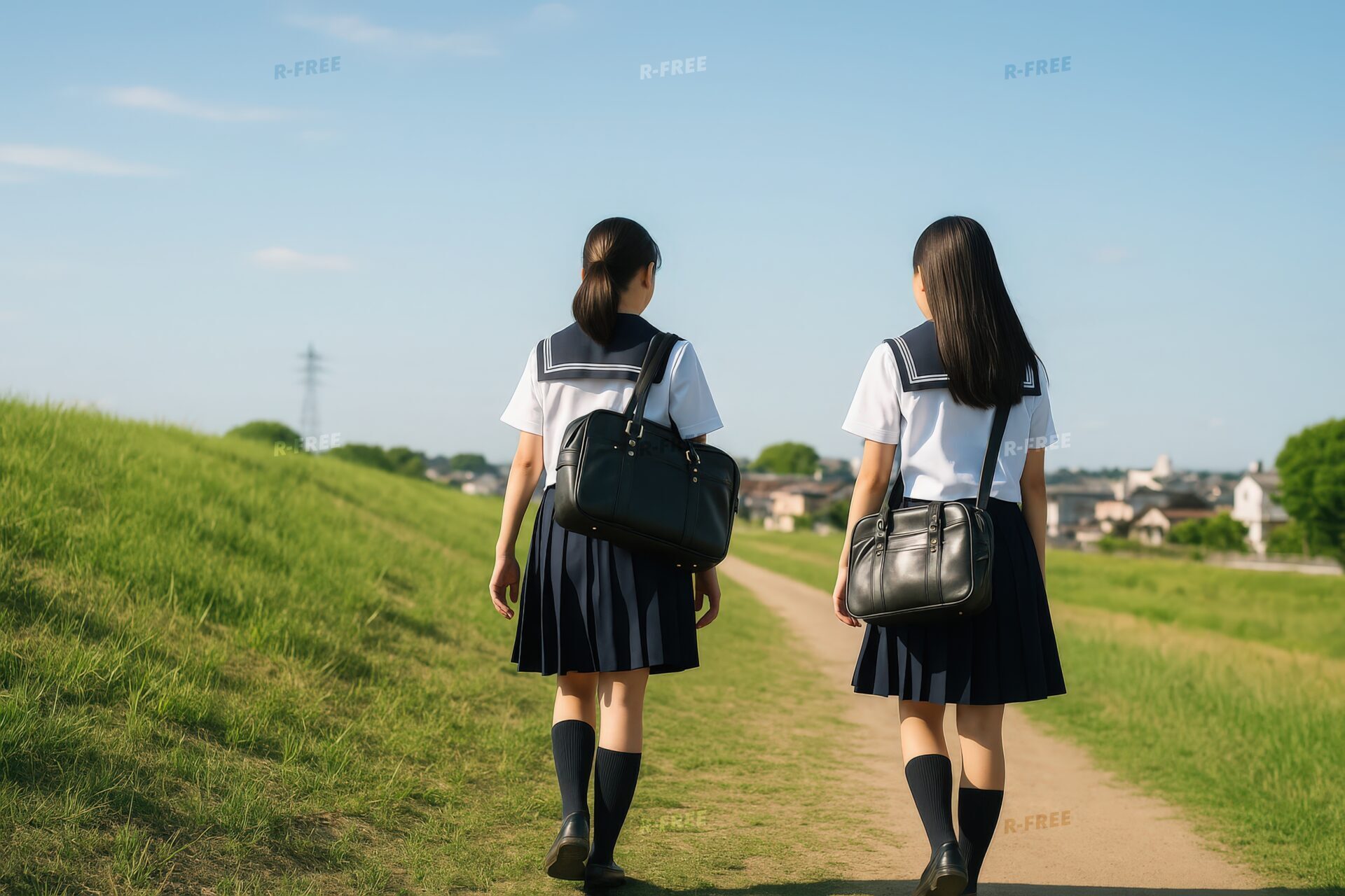 通学カバンを持って歩く女子学生二人の後ろ姿
