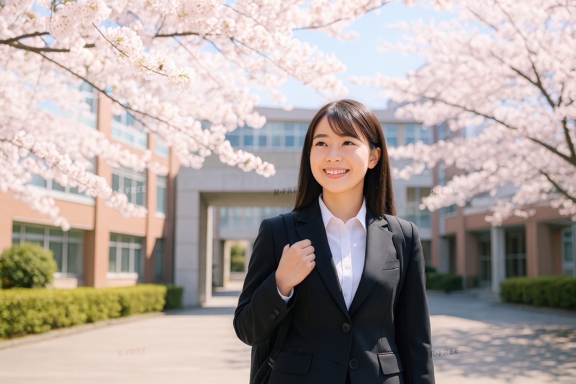 大学キャンパスを歩く笑顔の女子学生
