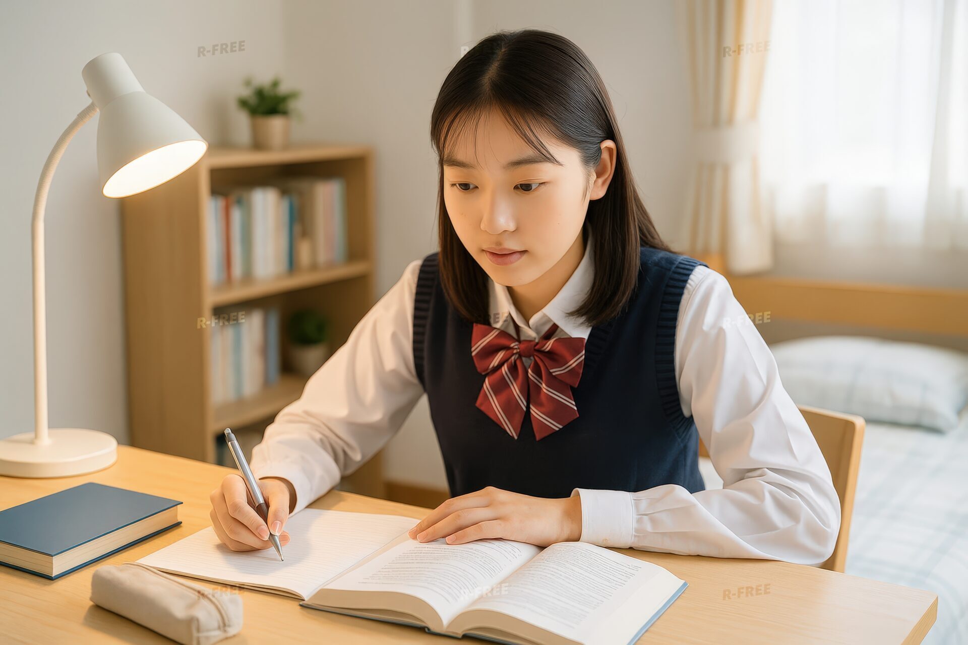 制服姿の女子学生がデスクライトの下で勉強する姿