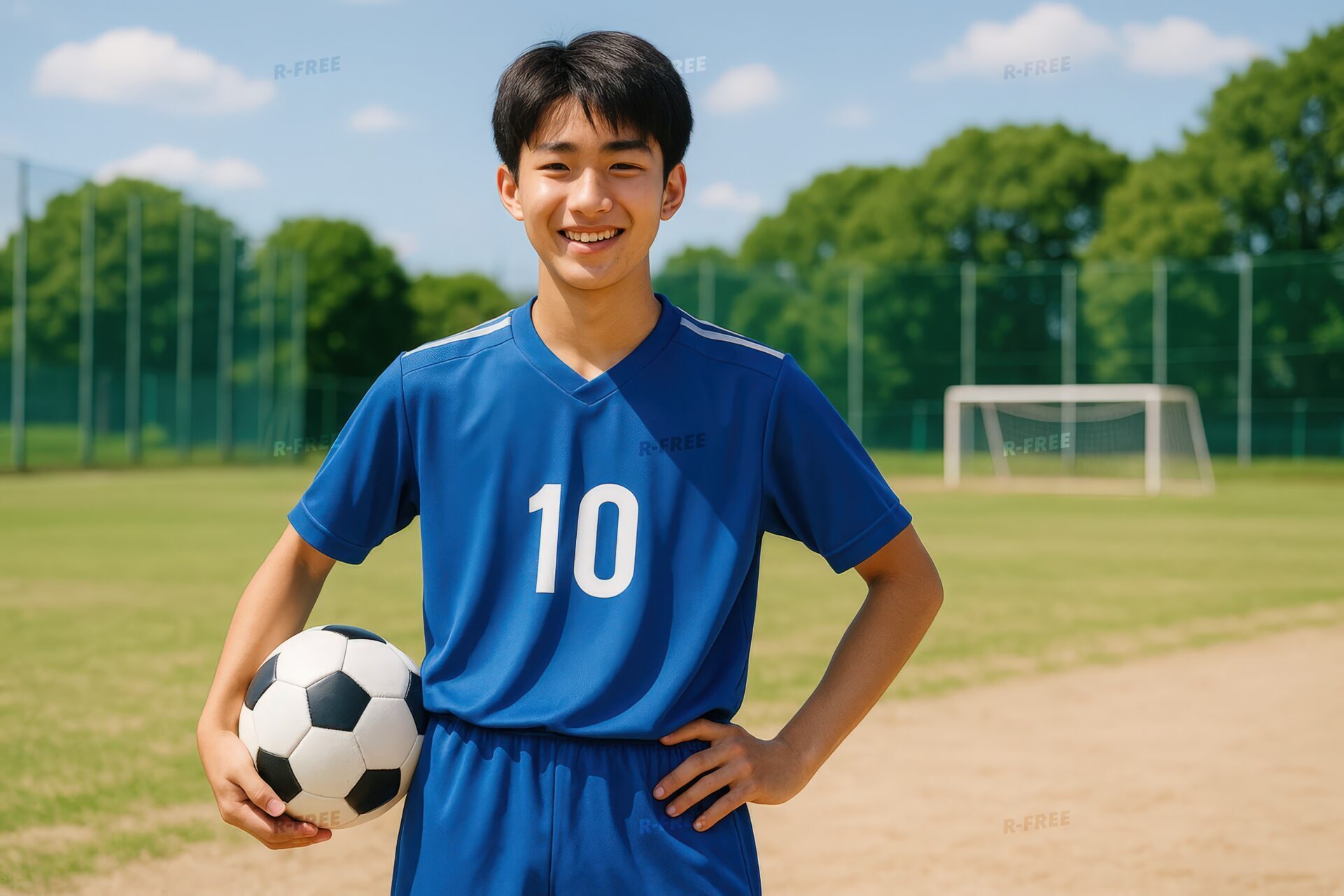 青いユニフォームでサッカーボールを持つ笑顔の少年