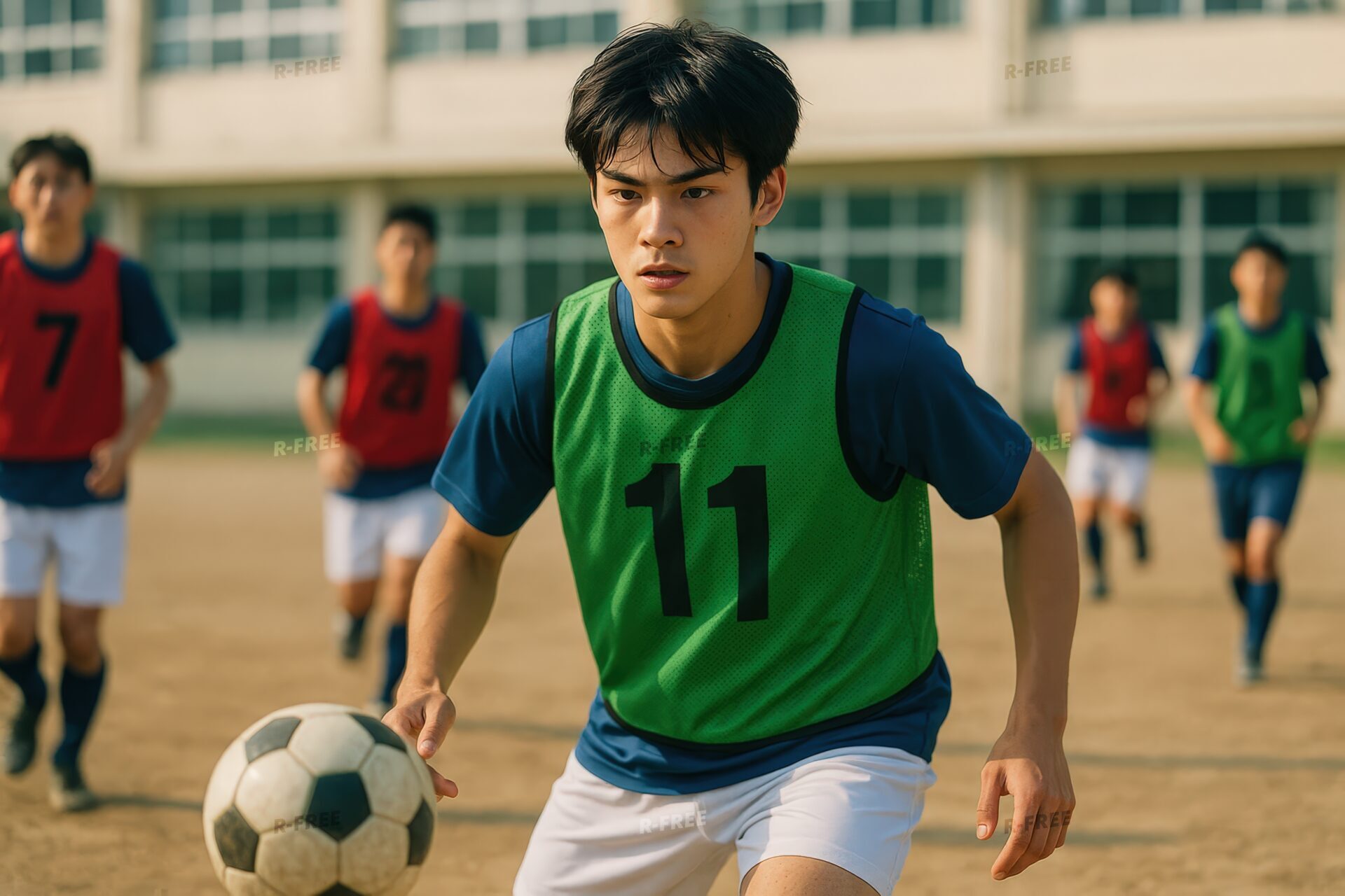 緑のビブスを着てボールを追う男子学生
