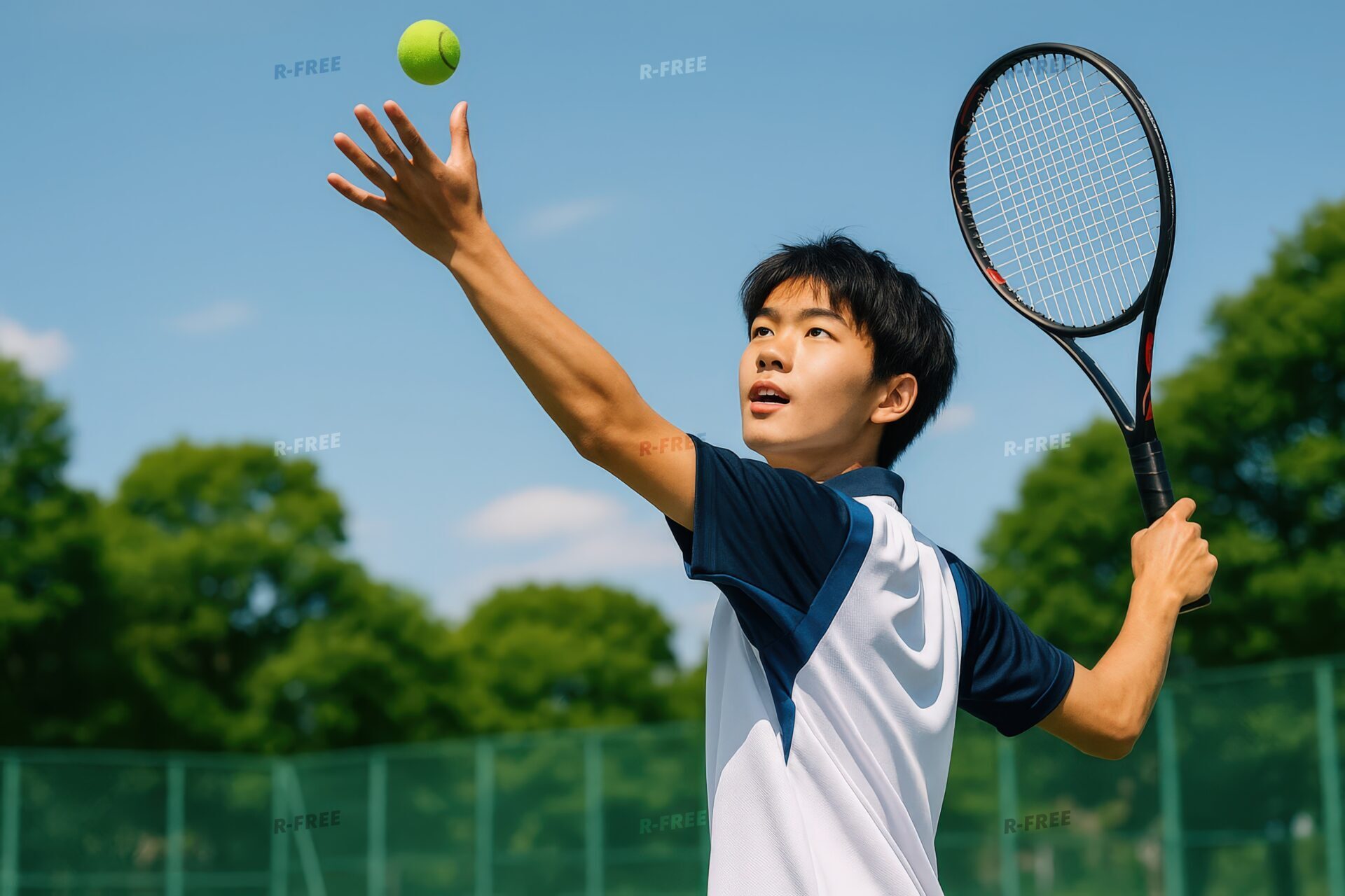 サーブの構えをする男子学生