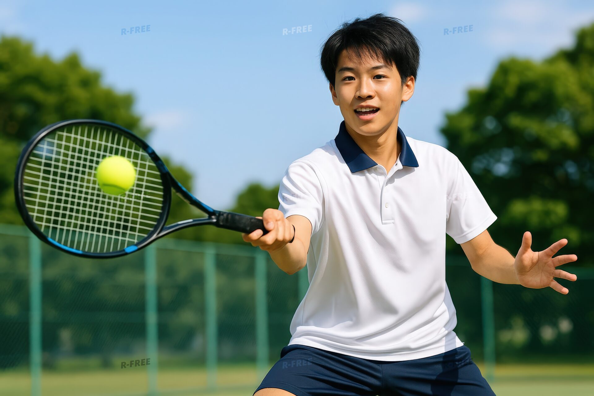 ラケットを構えながらテニスボールを打つ男子学生