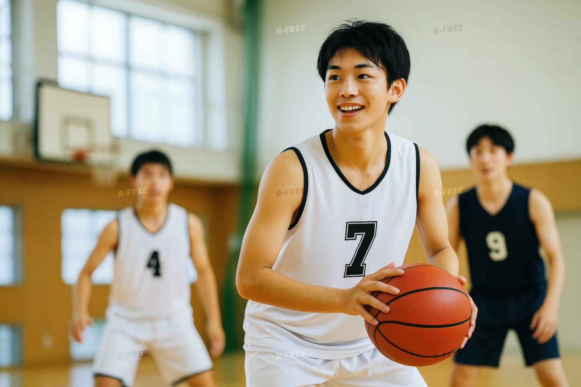 バスケットボールを持ち構える男子学生たち