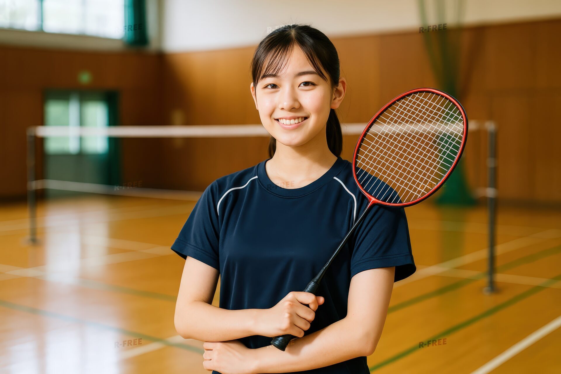 ラケットを胸に抱えた笑顔の女子学生