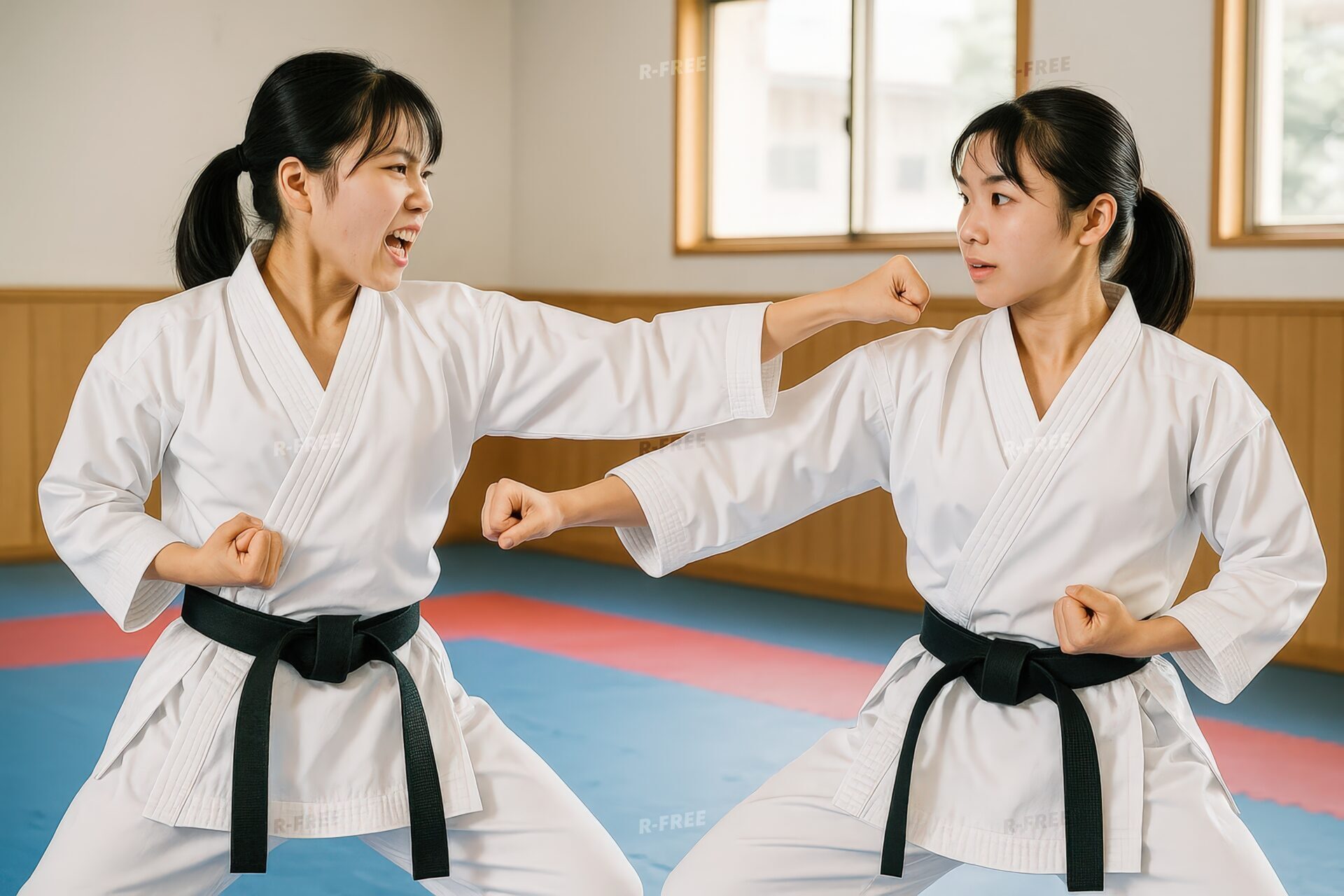 空手の組手練習をする二人の若い女性