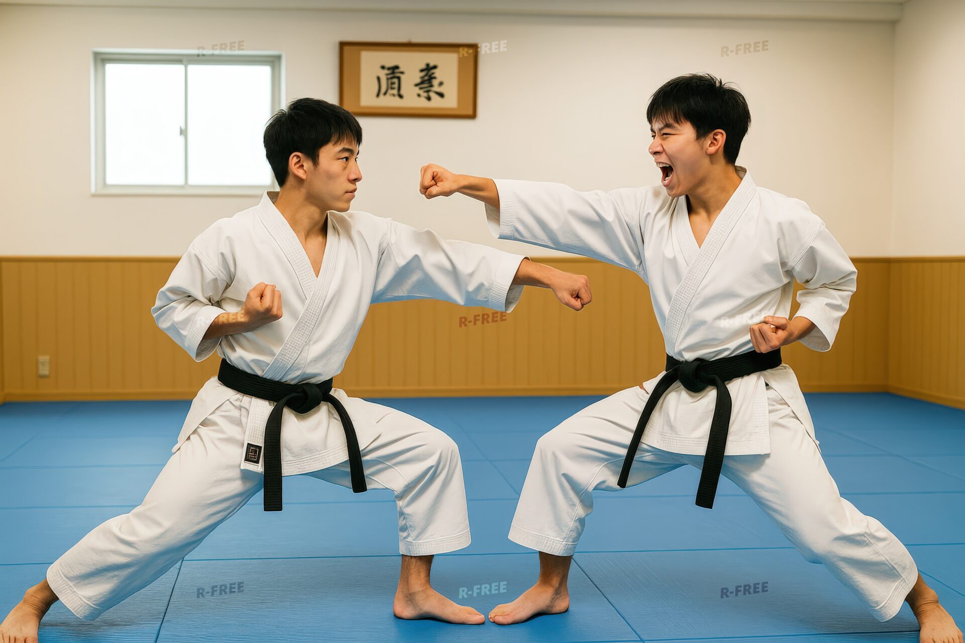 空手の組手練習をする二人の若い男性