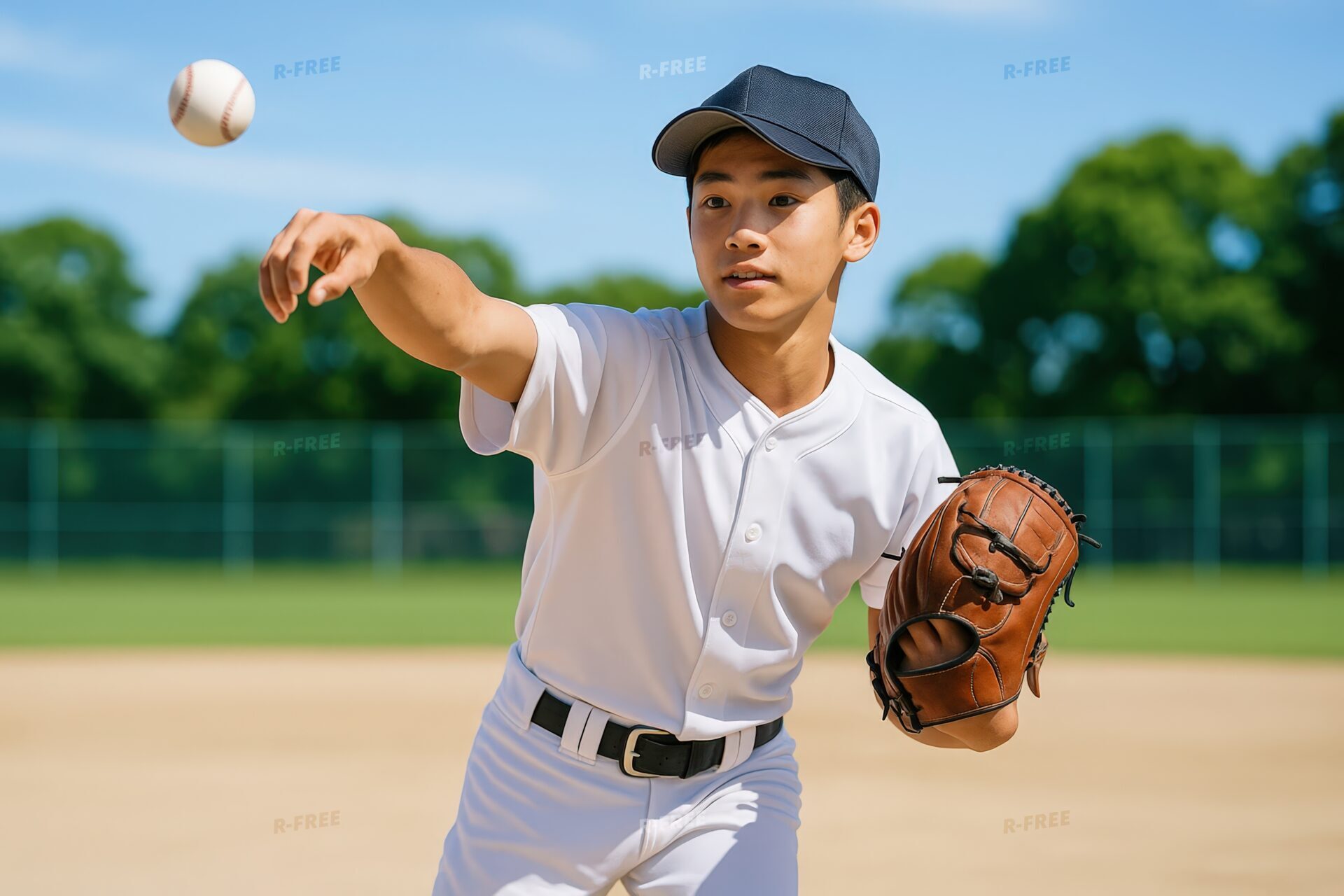 フォームを構えてボールを投げる高校野球の男子選手