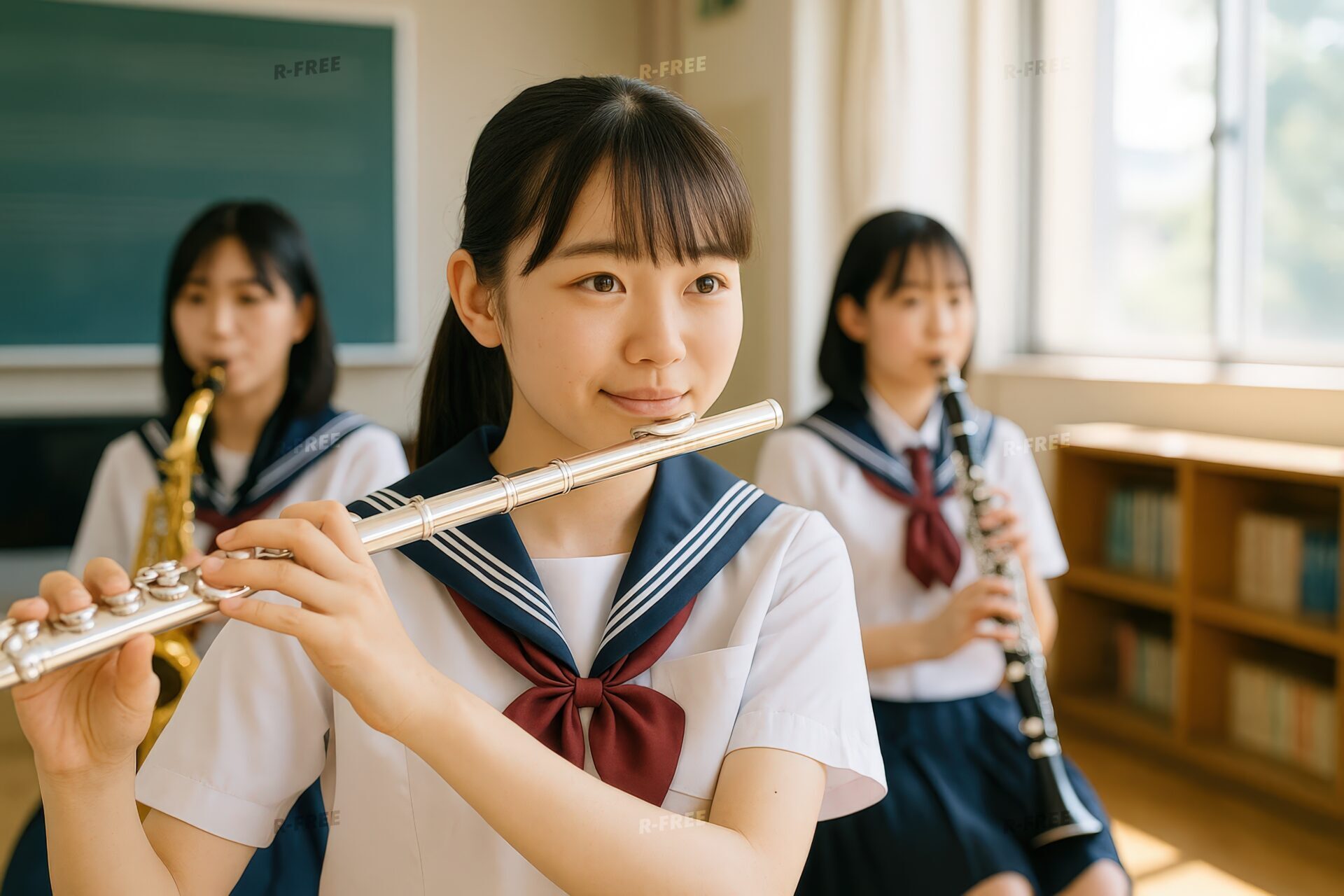 教室でフルートを演奏するセーラー服の女子学生たち