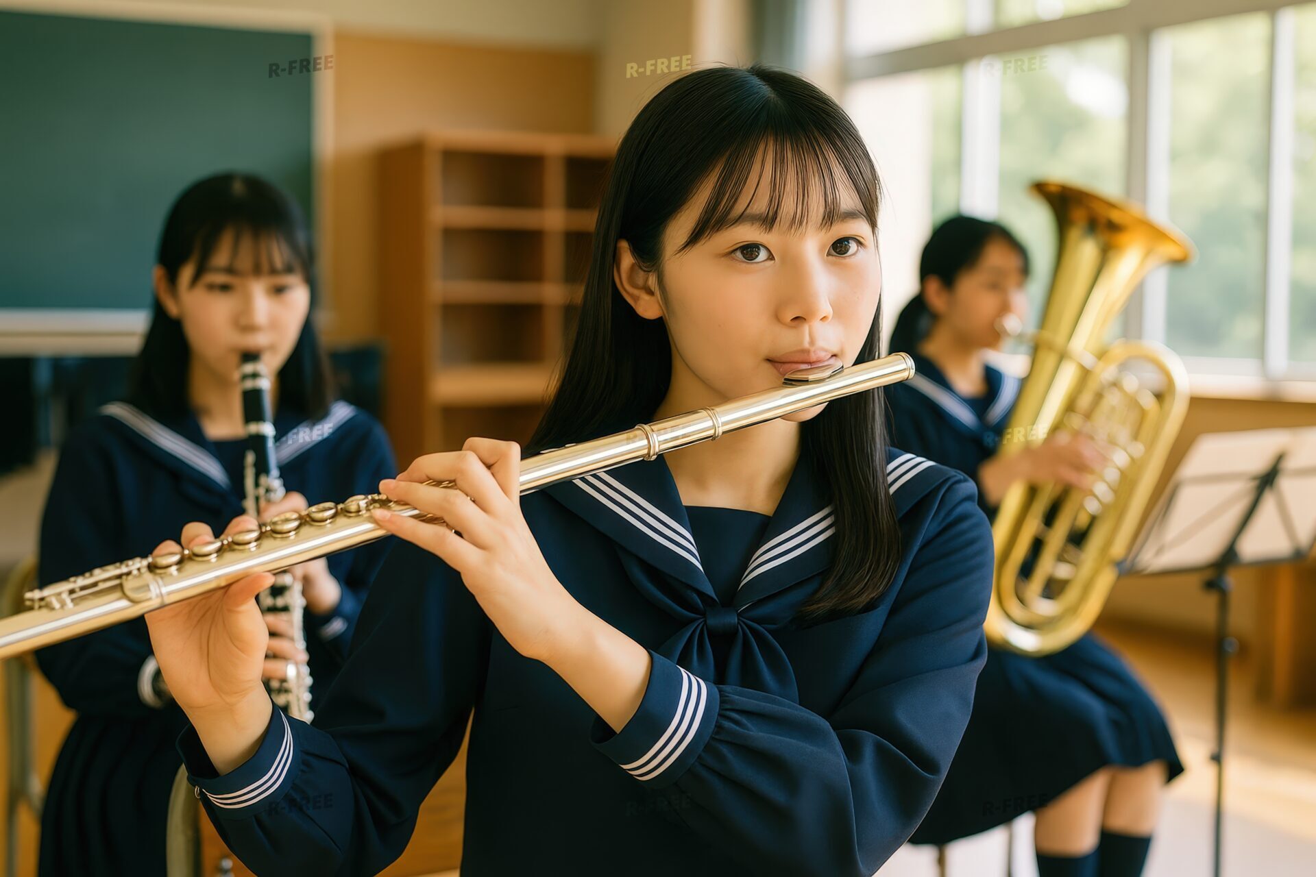 教室でフルートを吹く女子学生とクラリネット・チューバ奏者たち