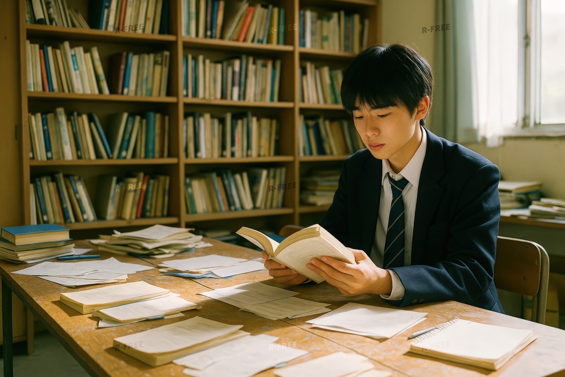 本棚のある教室で読書をする男子高校生