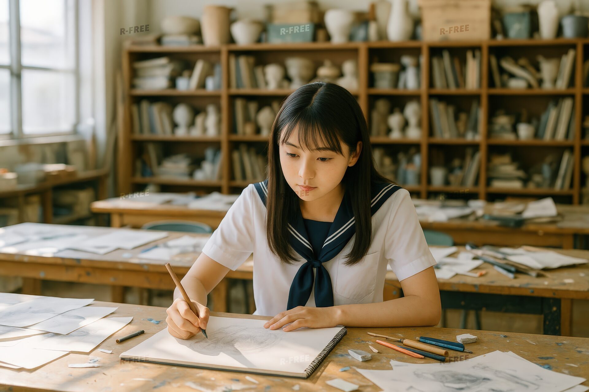 スケッチブックに鉛筆で描く女子高校生