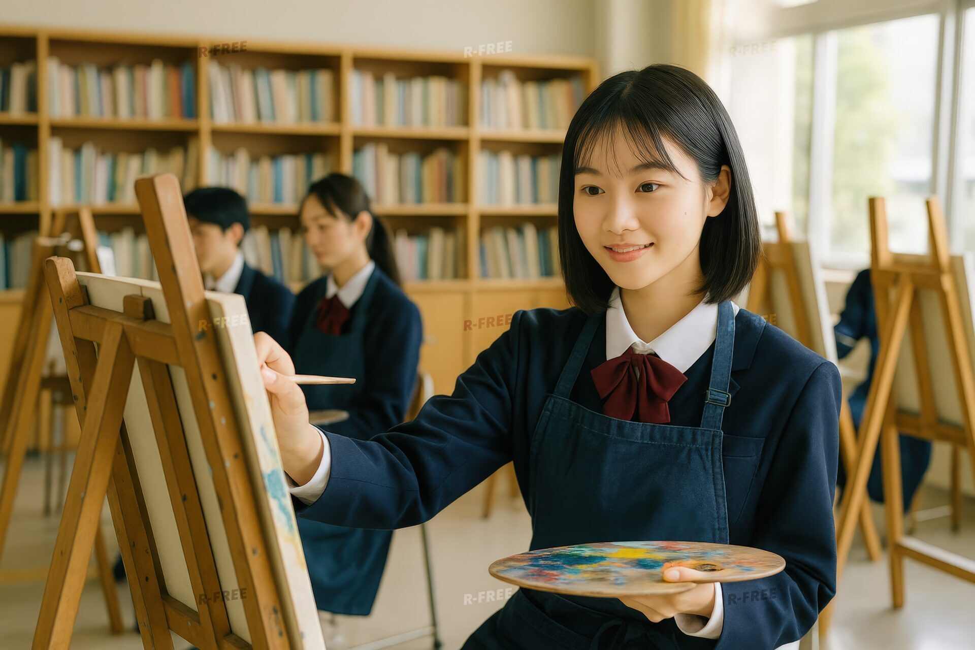絵画の授業で笑顔で絵を描く女子高校生