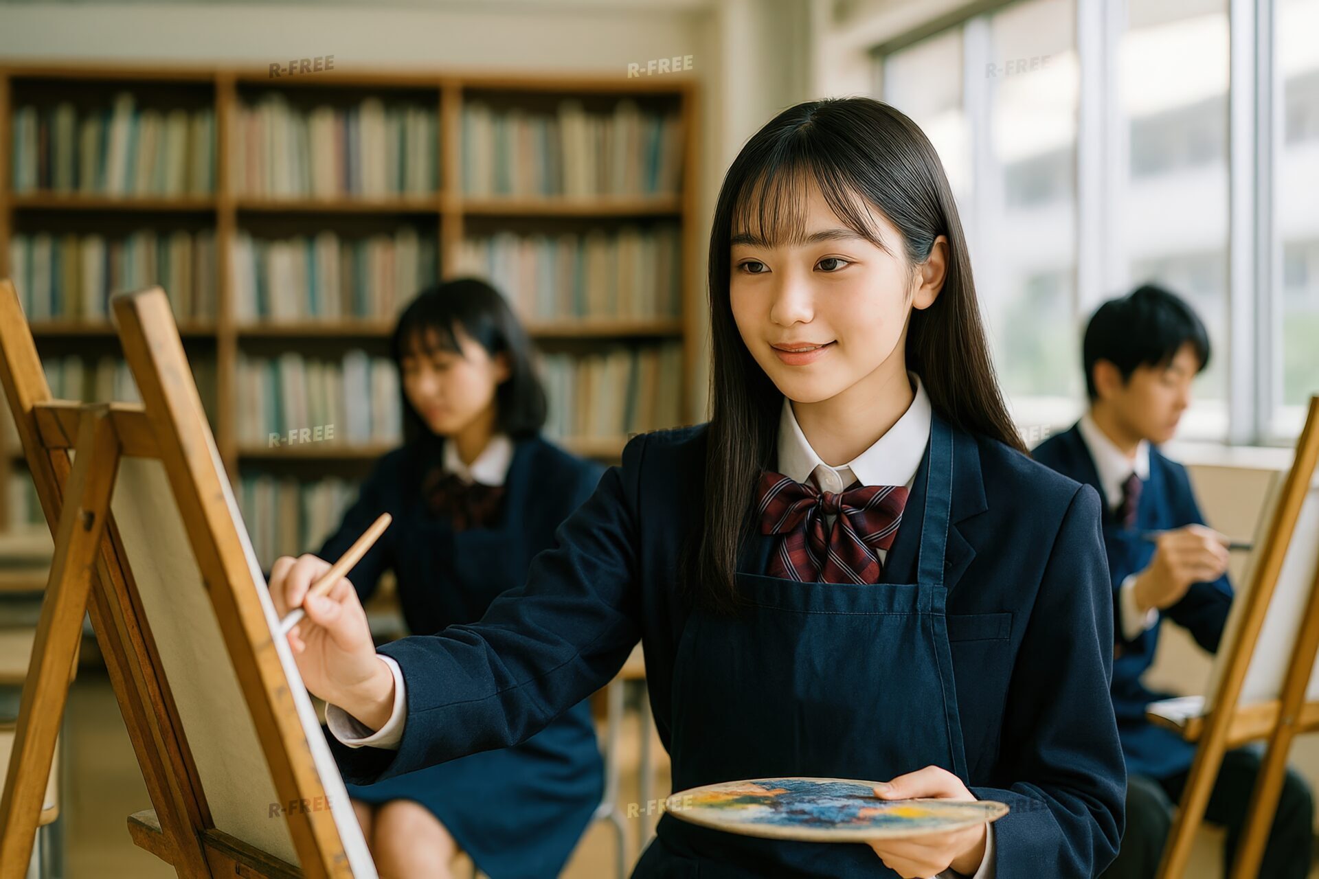 美術室でキャンバスに向かう女子高校生