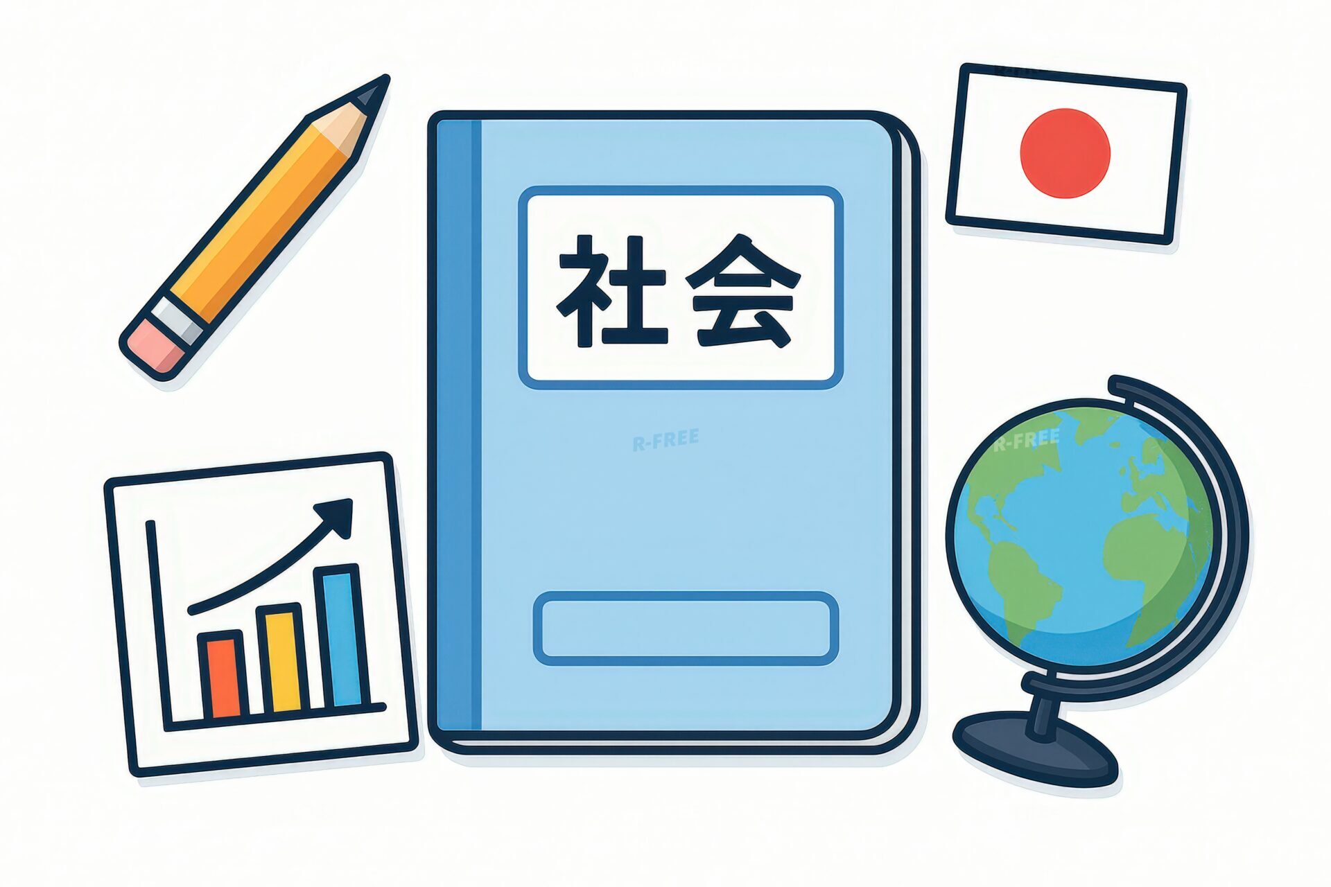 社会ノートと地球儀や日本国旗のイラスト