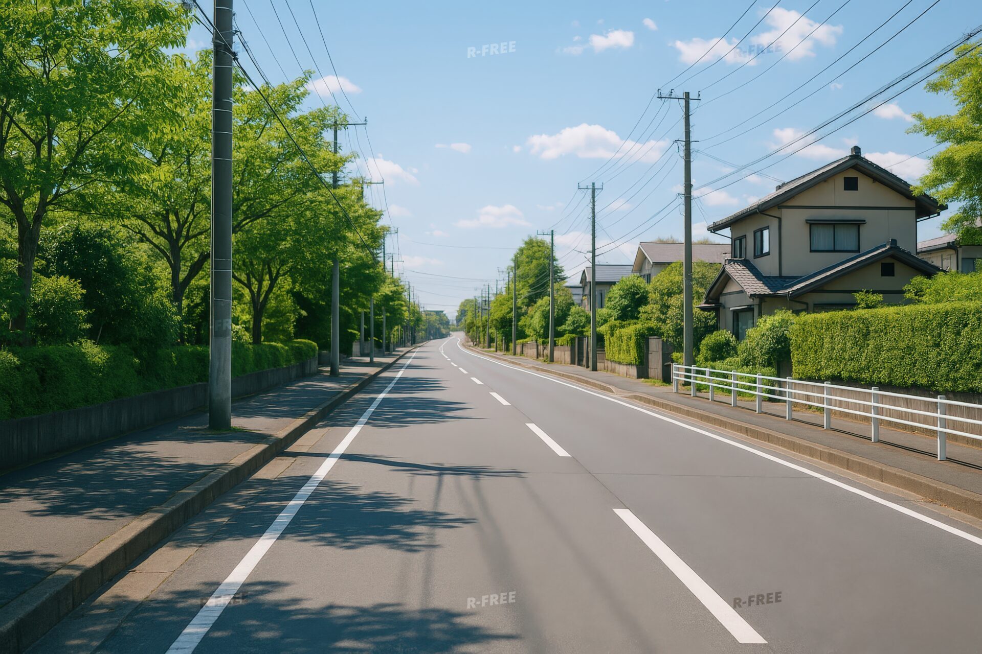 住宅街と街路樹が並ぶ初夏の郊外道路