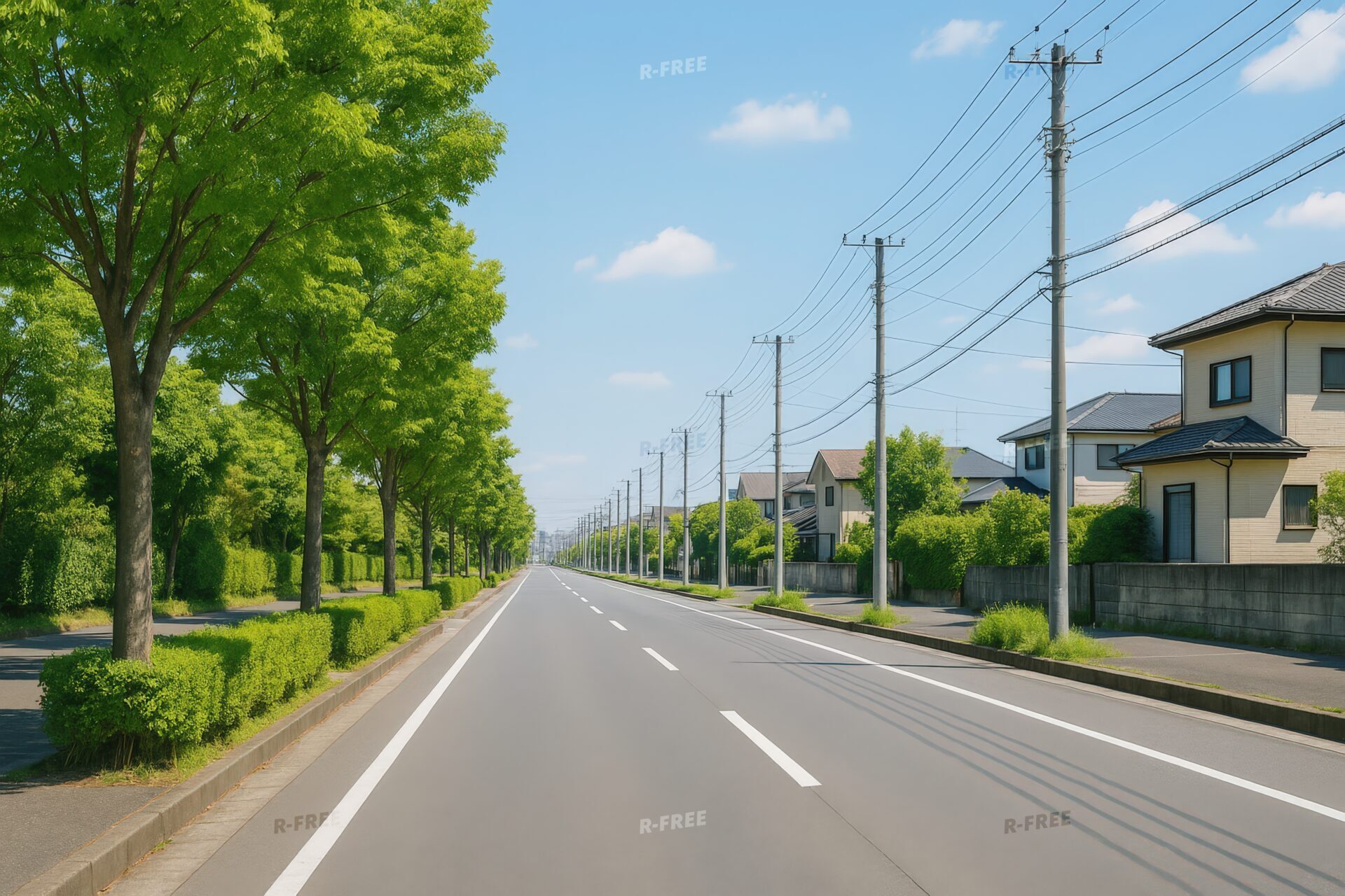 街路樹と住宅が並ぶ静かな直線道路
