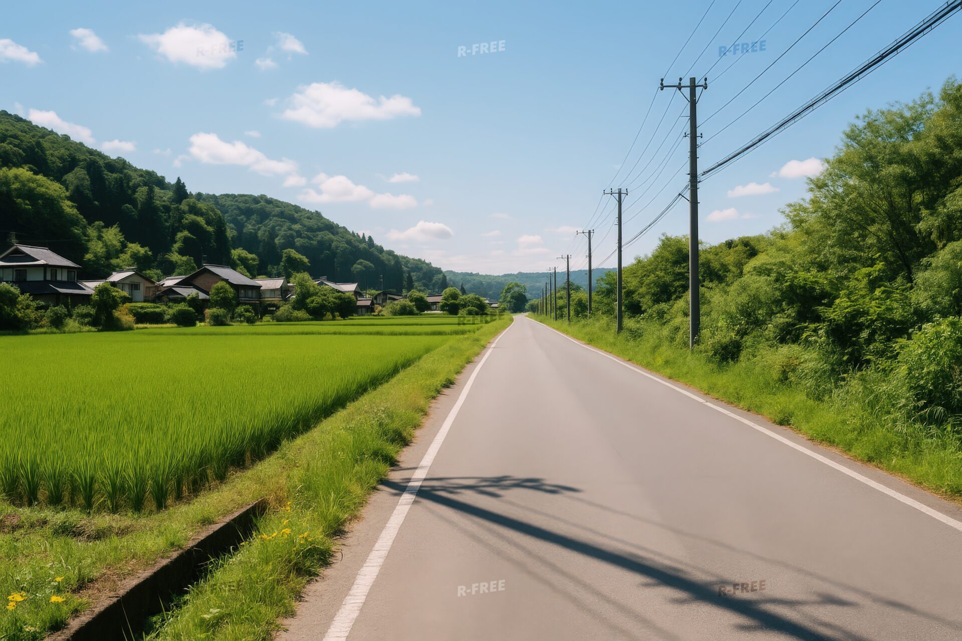 田んぼと電柱が並ぶ日本の直線道路