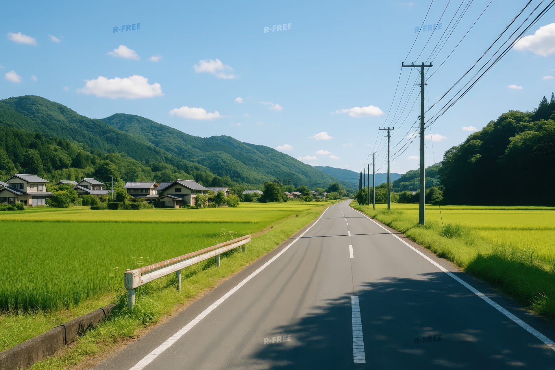 緑豊かな田園と住宅に囲まれた日本の田舎道