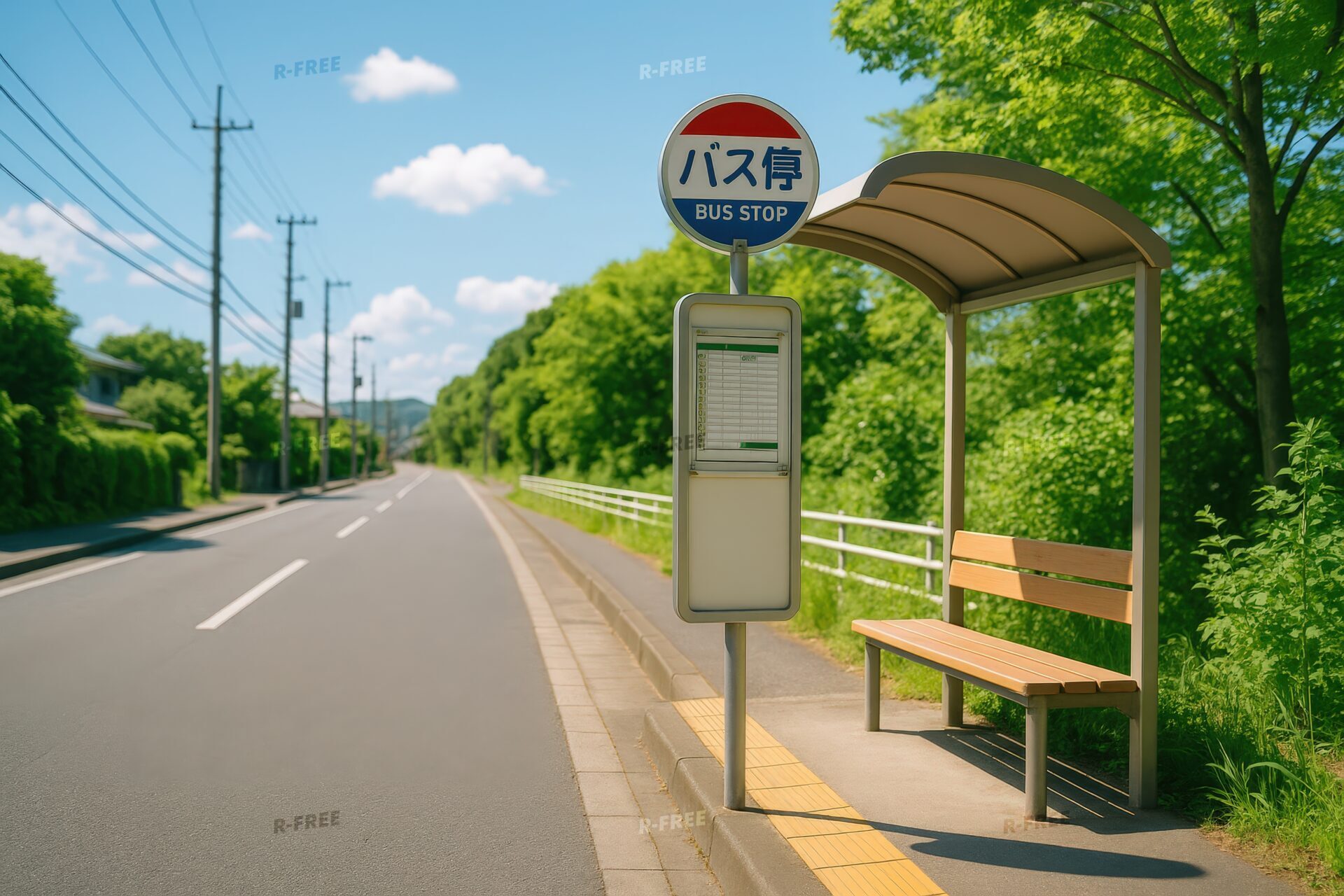 緑に囲まれた屋根付きのバス停と時刻表