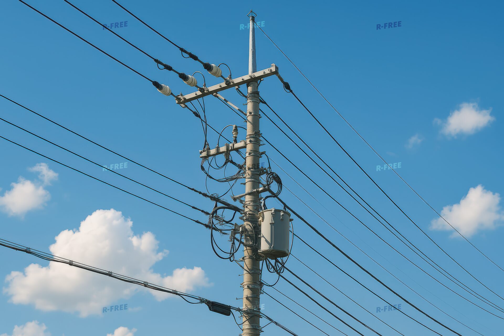 青空と雲を背景にした日本の電柱と電線