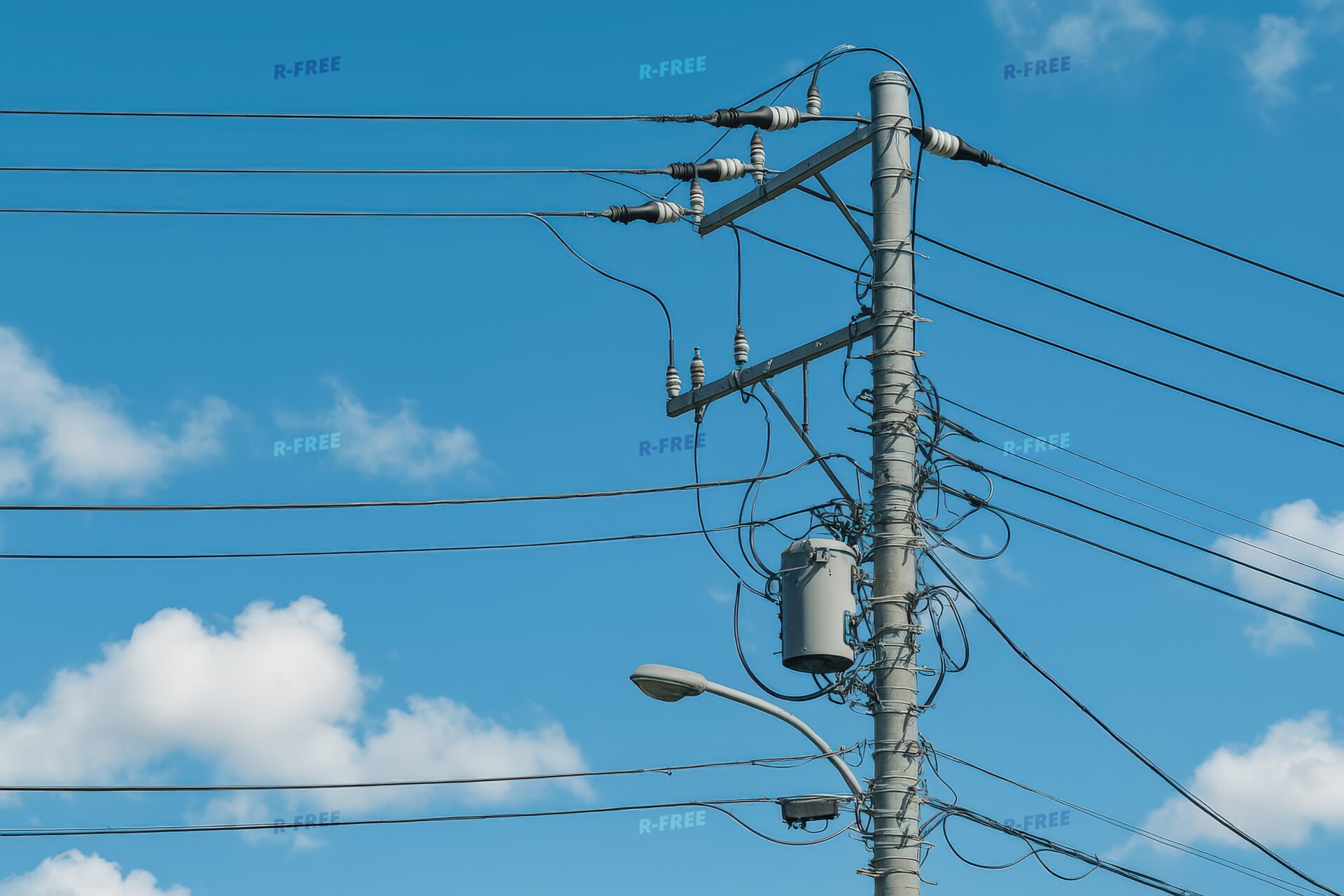 トランスが設置された電柱と電線