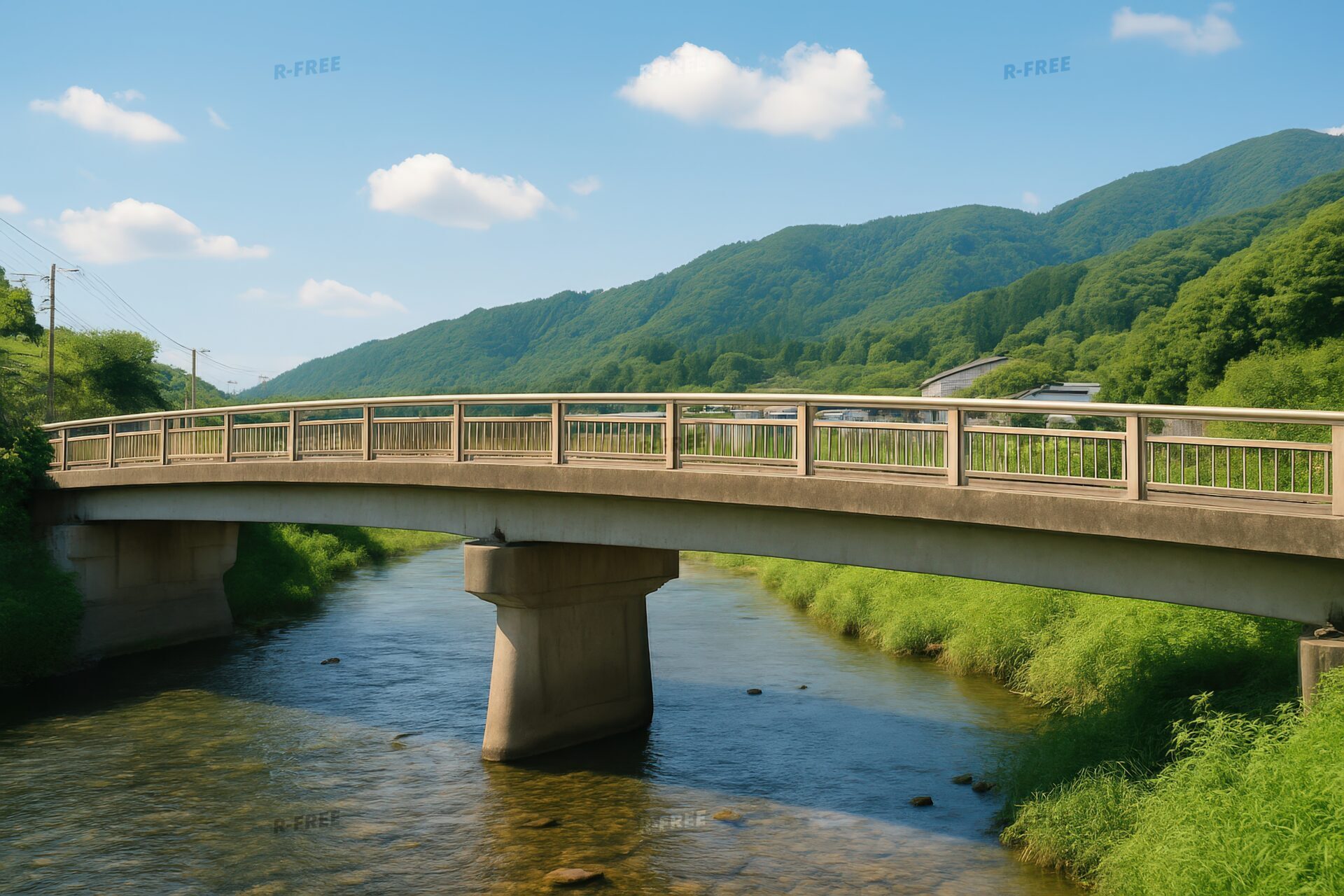 川に架かるアーチ型の橋と緑に囲まれた夏の山村風景