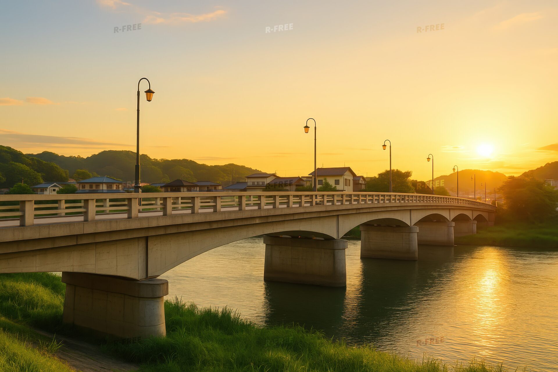 夕焼け空の下に架かる橋と川沿いの住宅街の風景