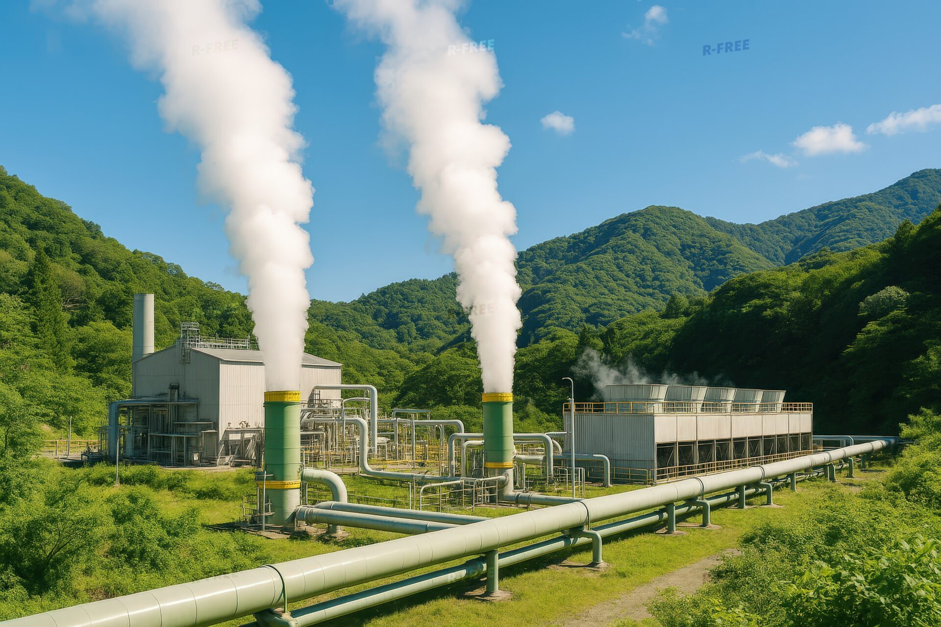 配管が張り巡らされた地熱発電設備と自然の風景