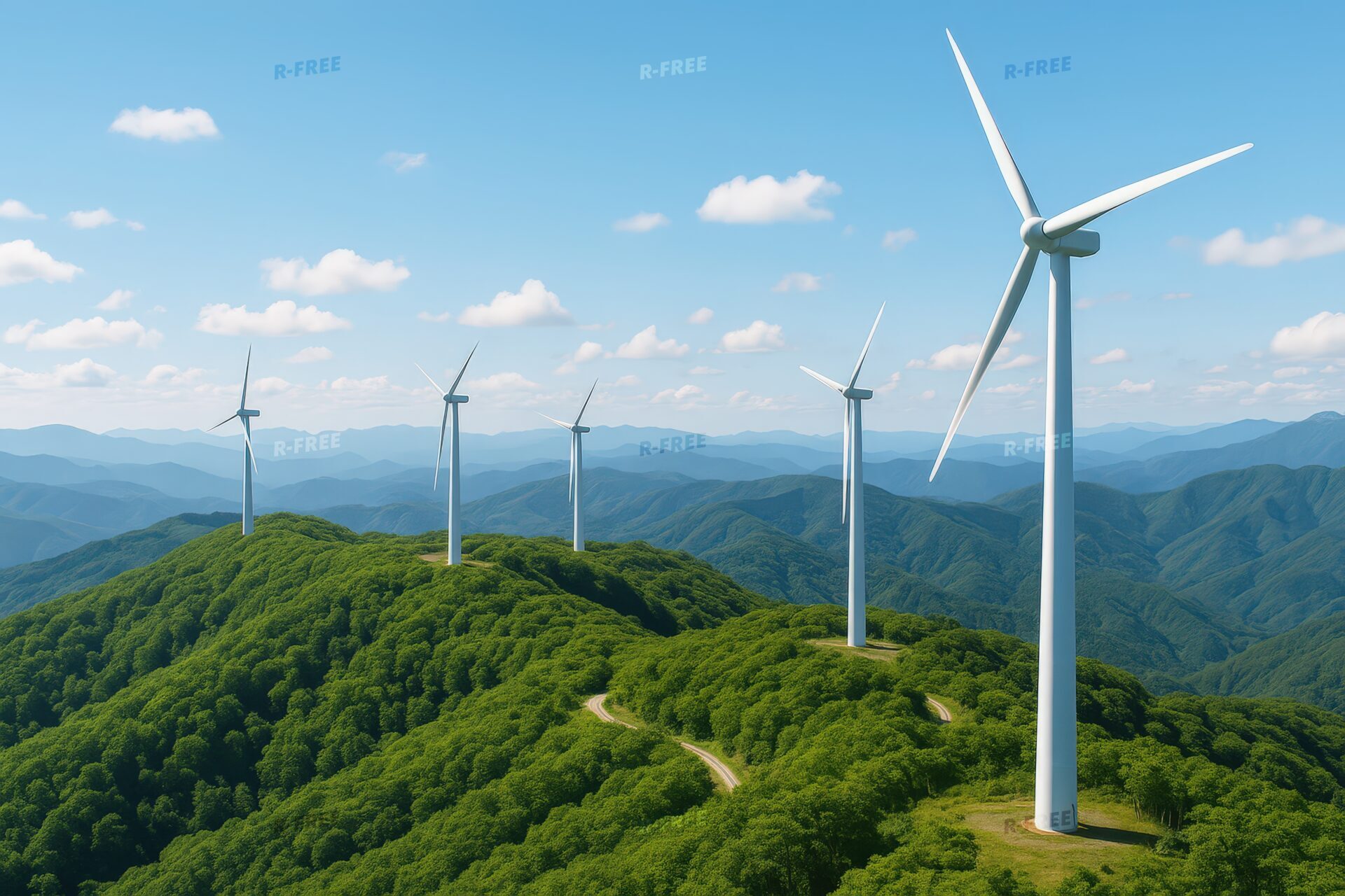 尾根沿いに立ち並ぶ風力発電機と森林の広がり
